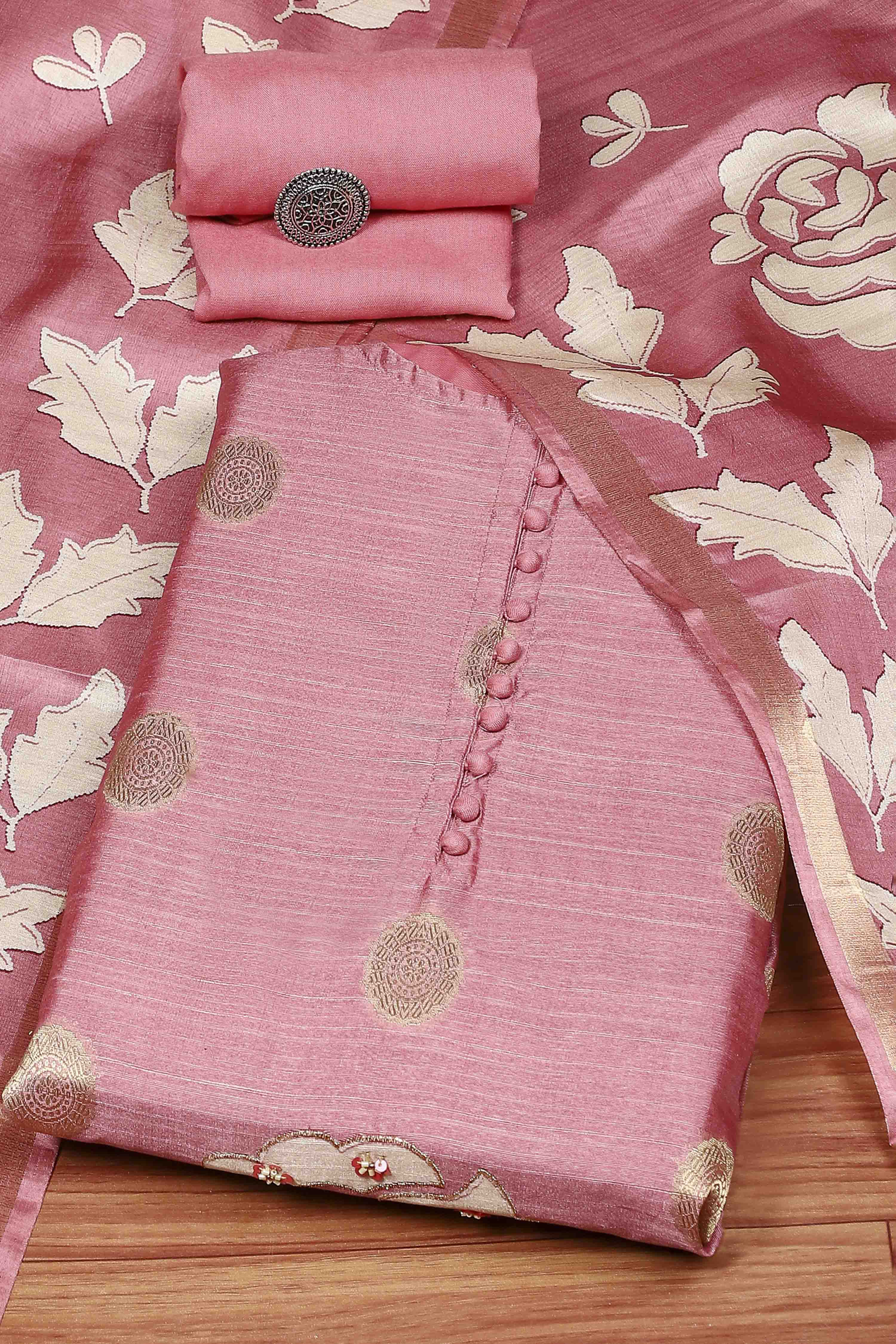 Pink Chanderi Blend Printed Embroidered Unstitched Suit Set image number 0