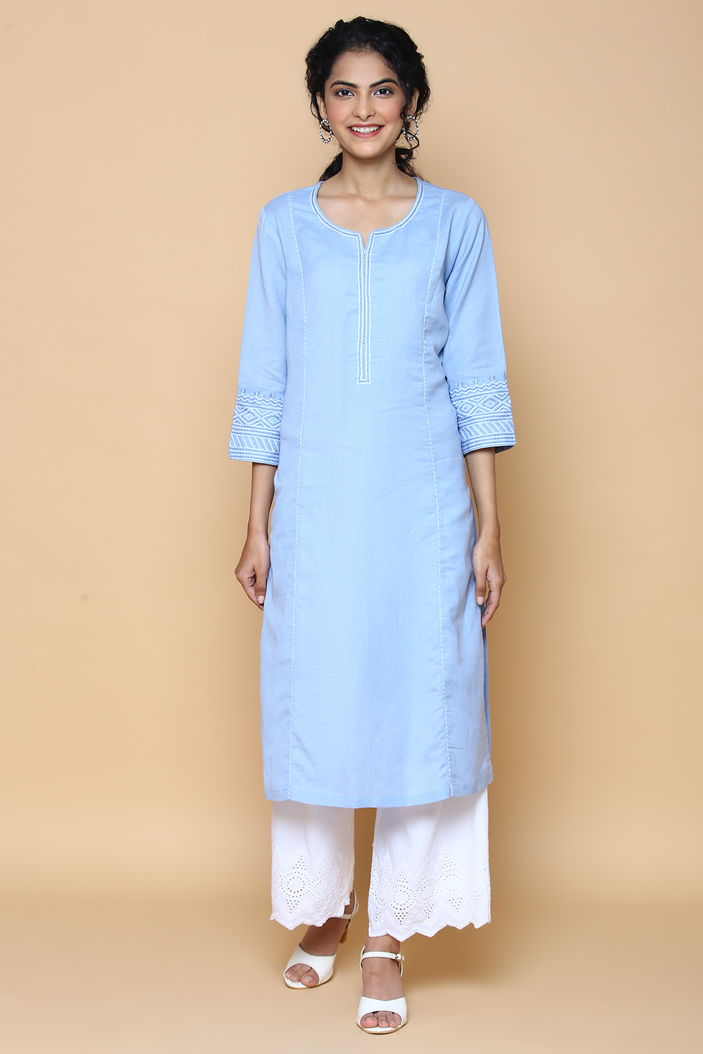 Peach Blue Cotton Linen Kurta image number 0