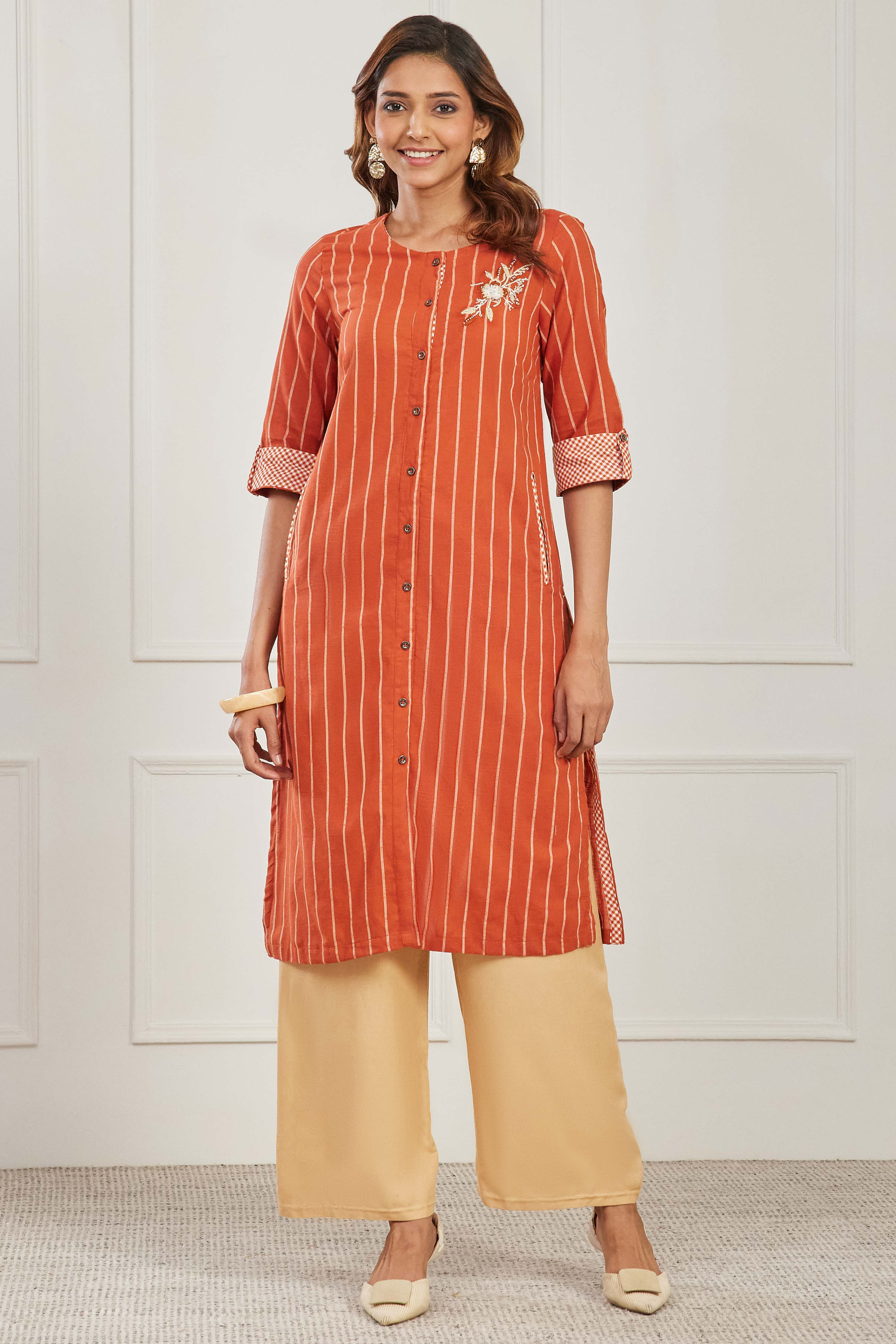 Brown Cotton Straight Kurta image number 5