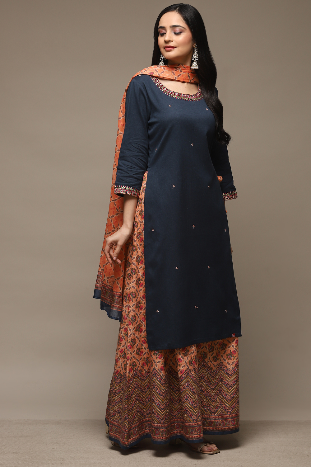 Blue Cotton Straight Kurta Sharara Suit Set image number 5
