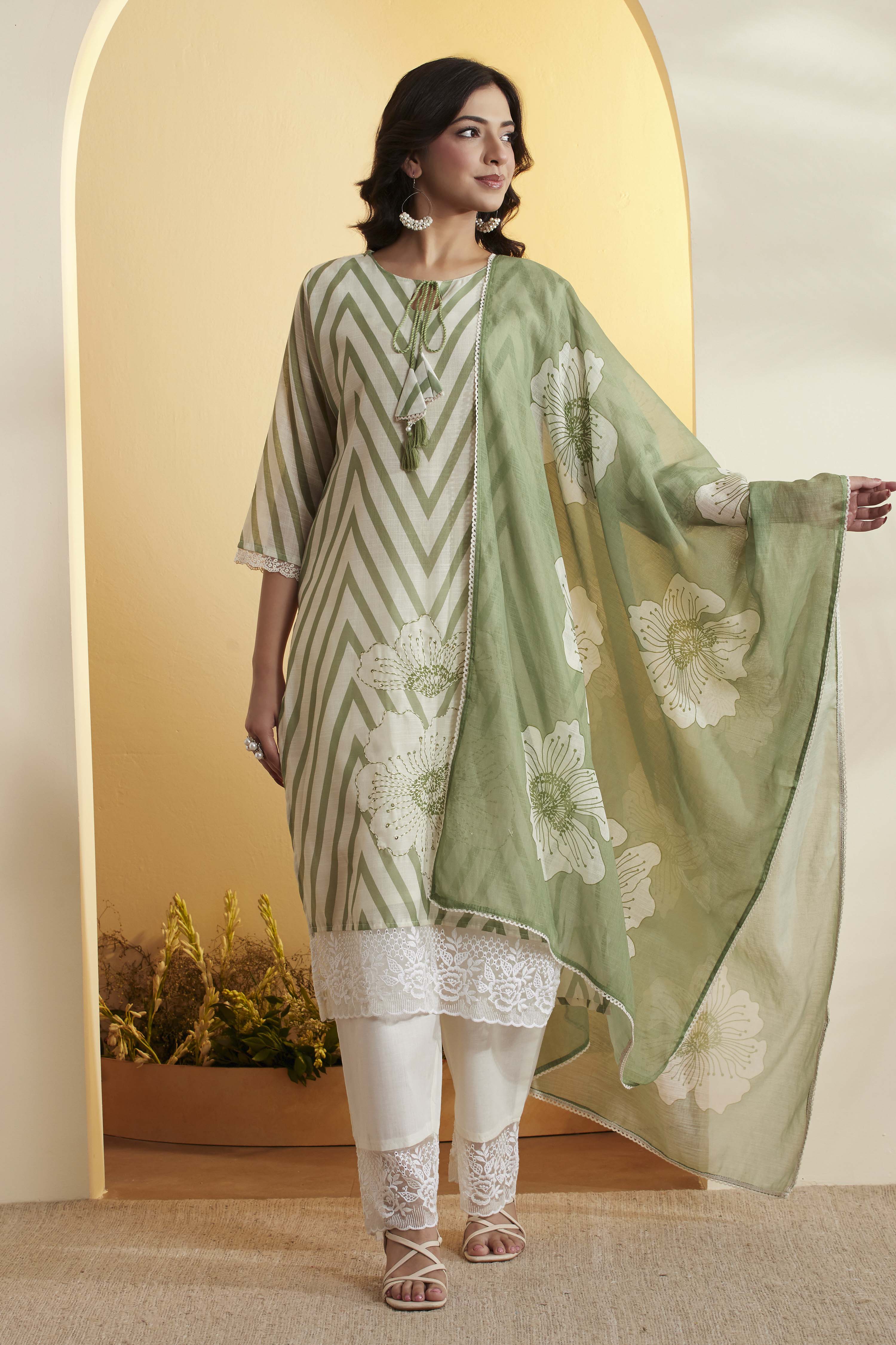 Sea Green Printed Poly Linen Floral Kurta Set image number 6