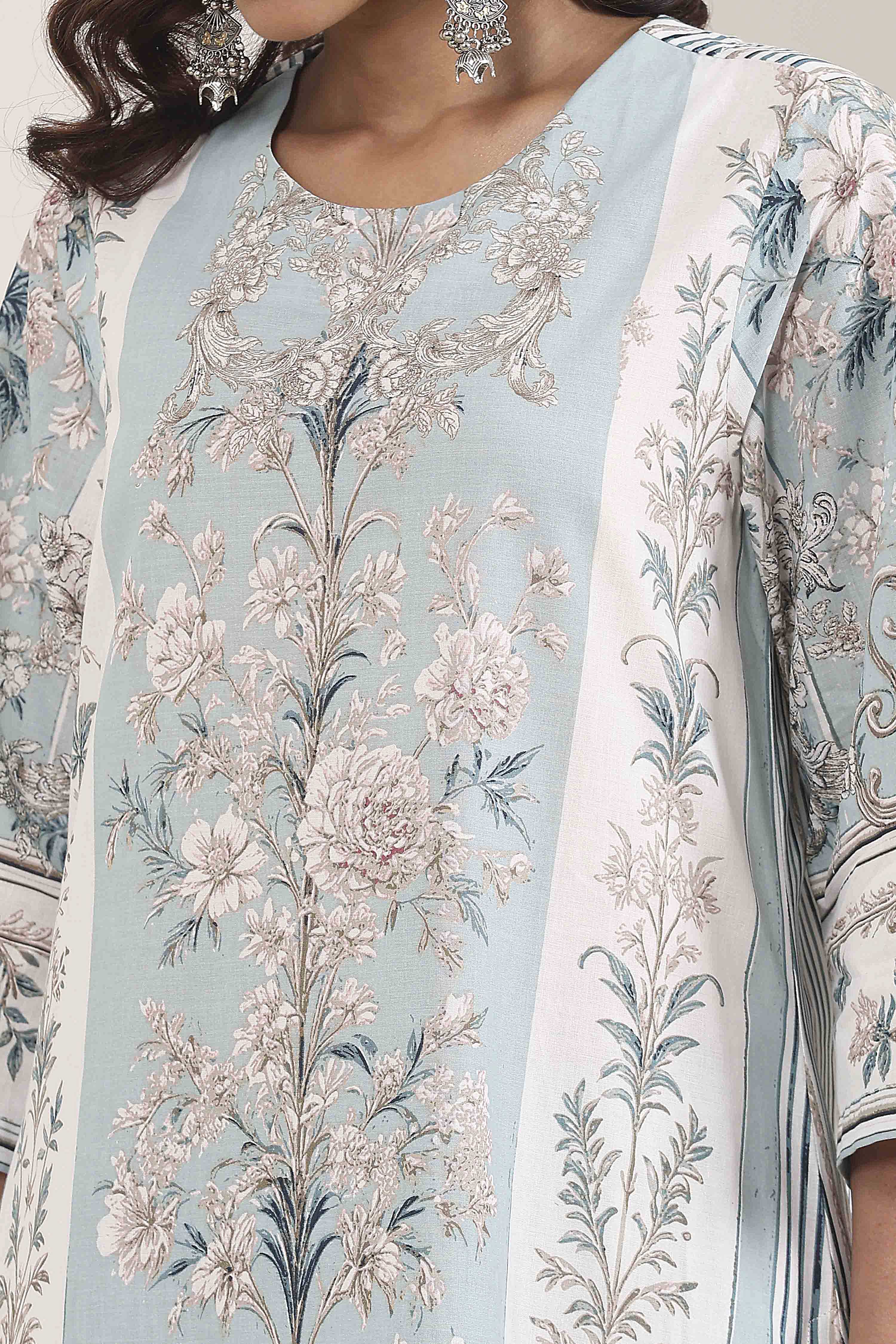 Khaki Green Cotton Floral Printed Straight Suit Set image number 1