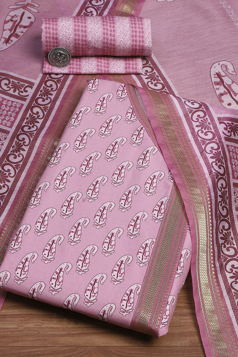 Beige Cotton Modal Digital Print Unstitched Suit Set image number 0