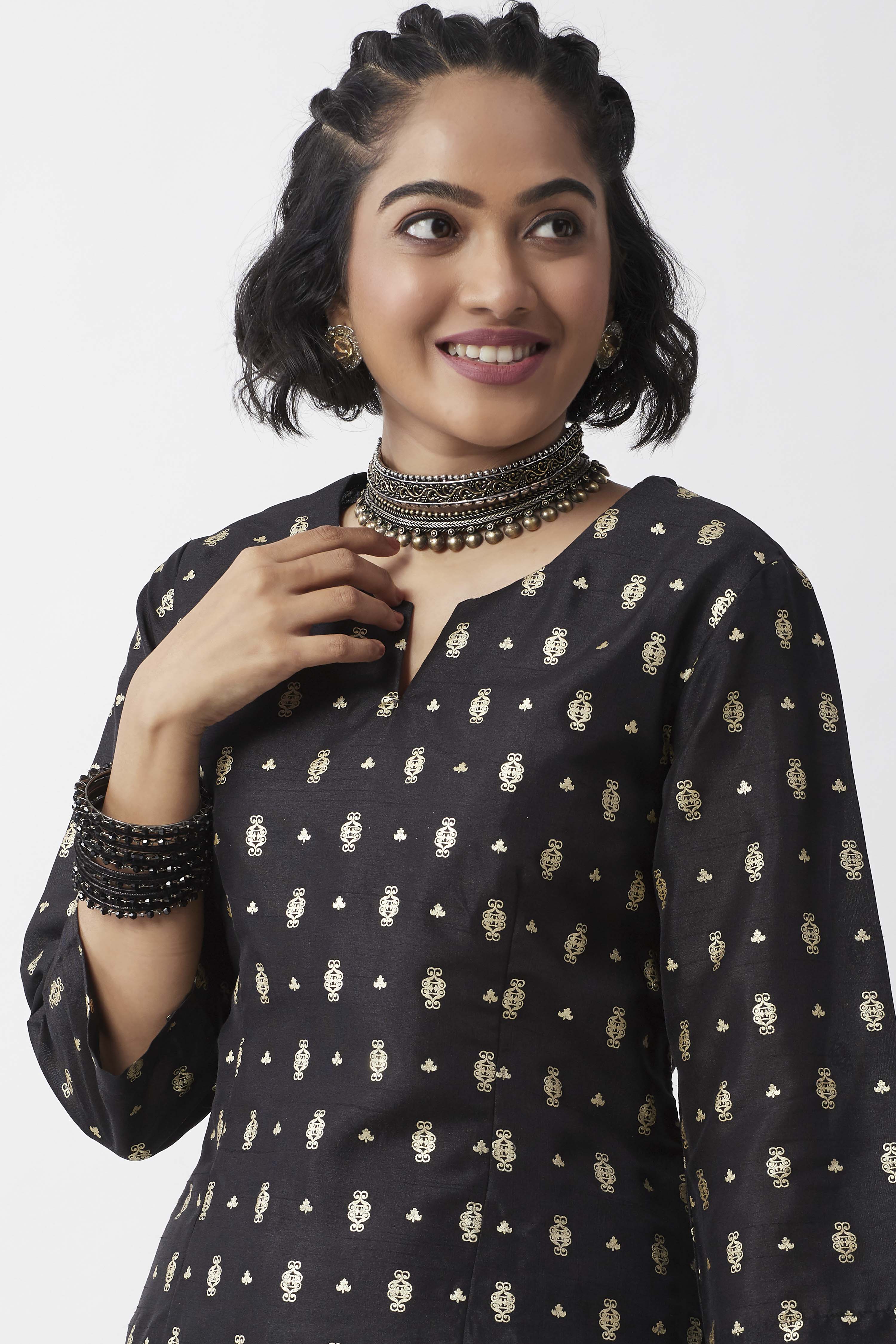 Black Cotton Gold Motif Printed Short Kurti image number 6