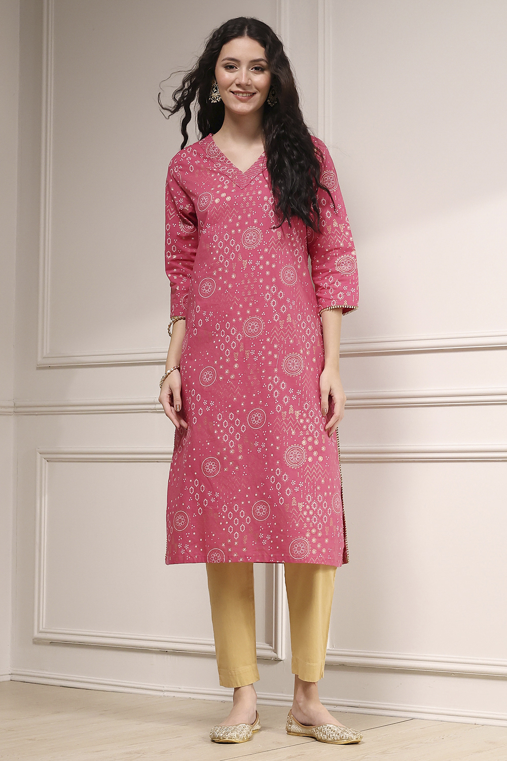 Beige Cotton Printed Straight Kurta image number 4