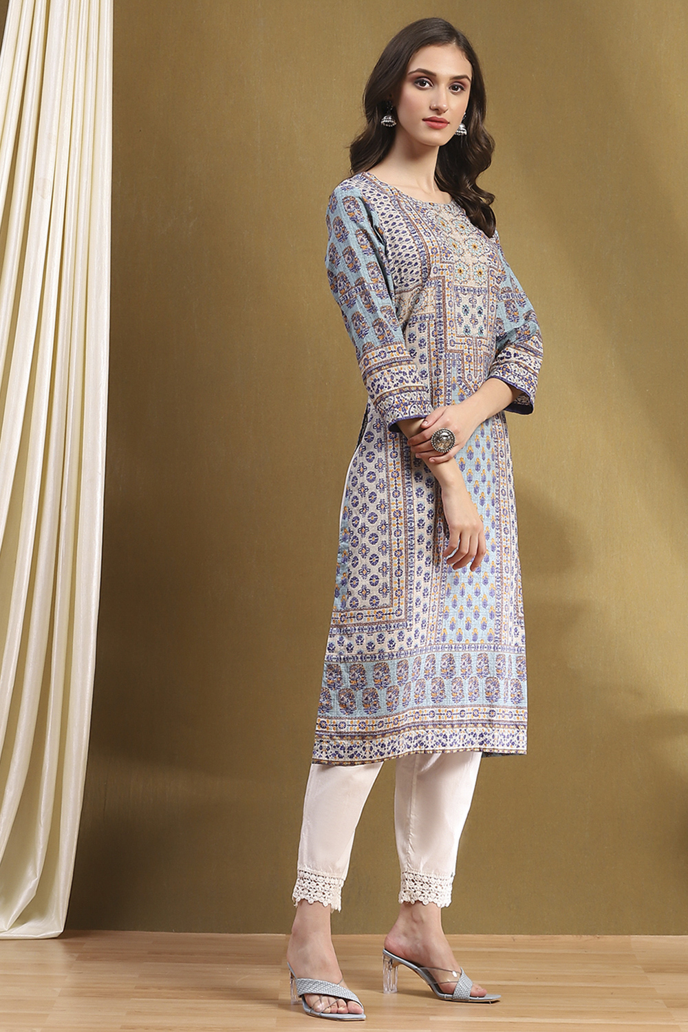 Blue Cotton Printed Straight Kurta image number 4