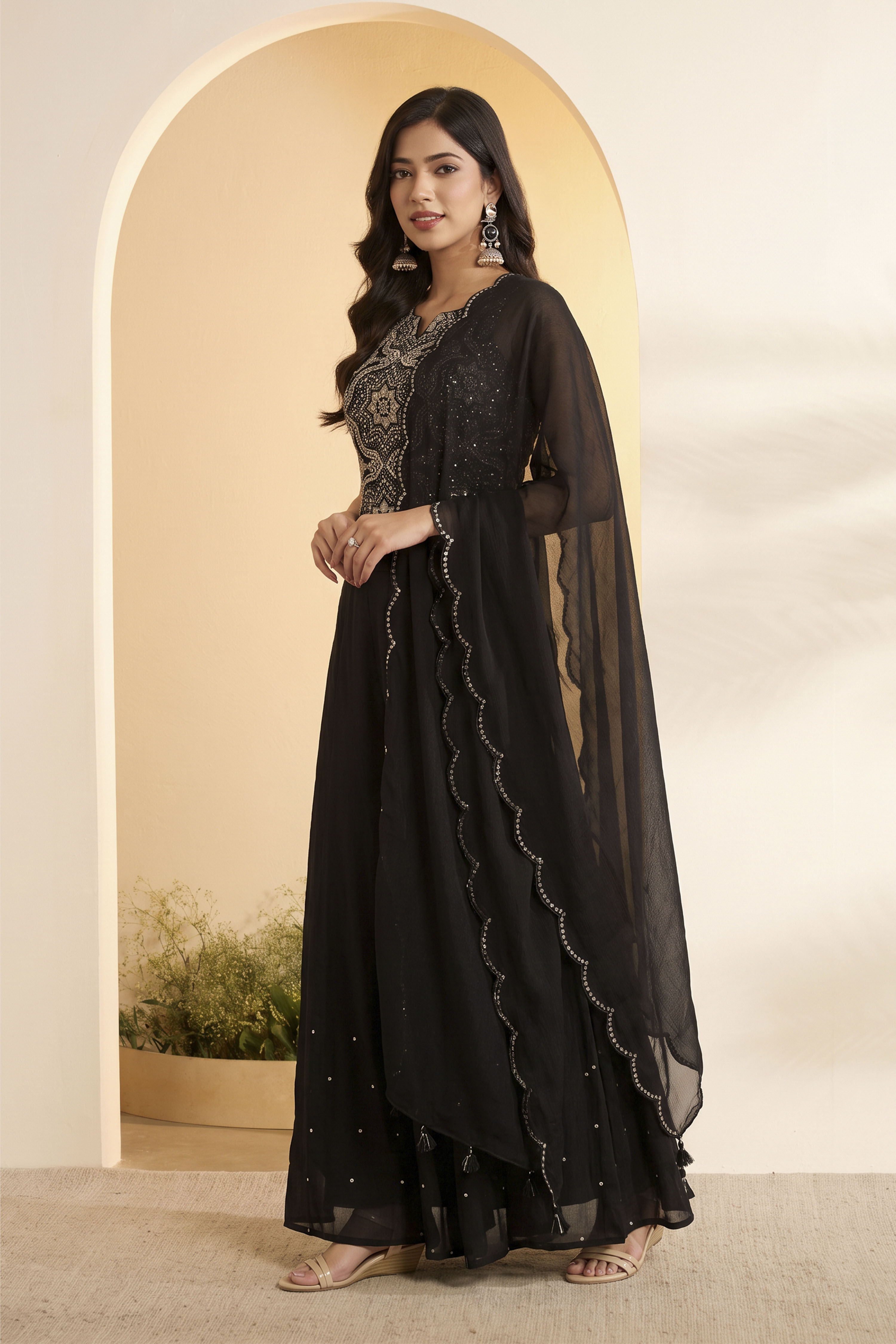 Black Poly Georgette Embellished Sharara Set image number 3
