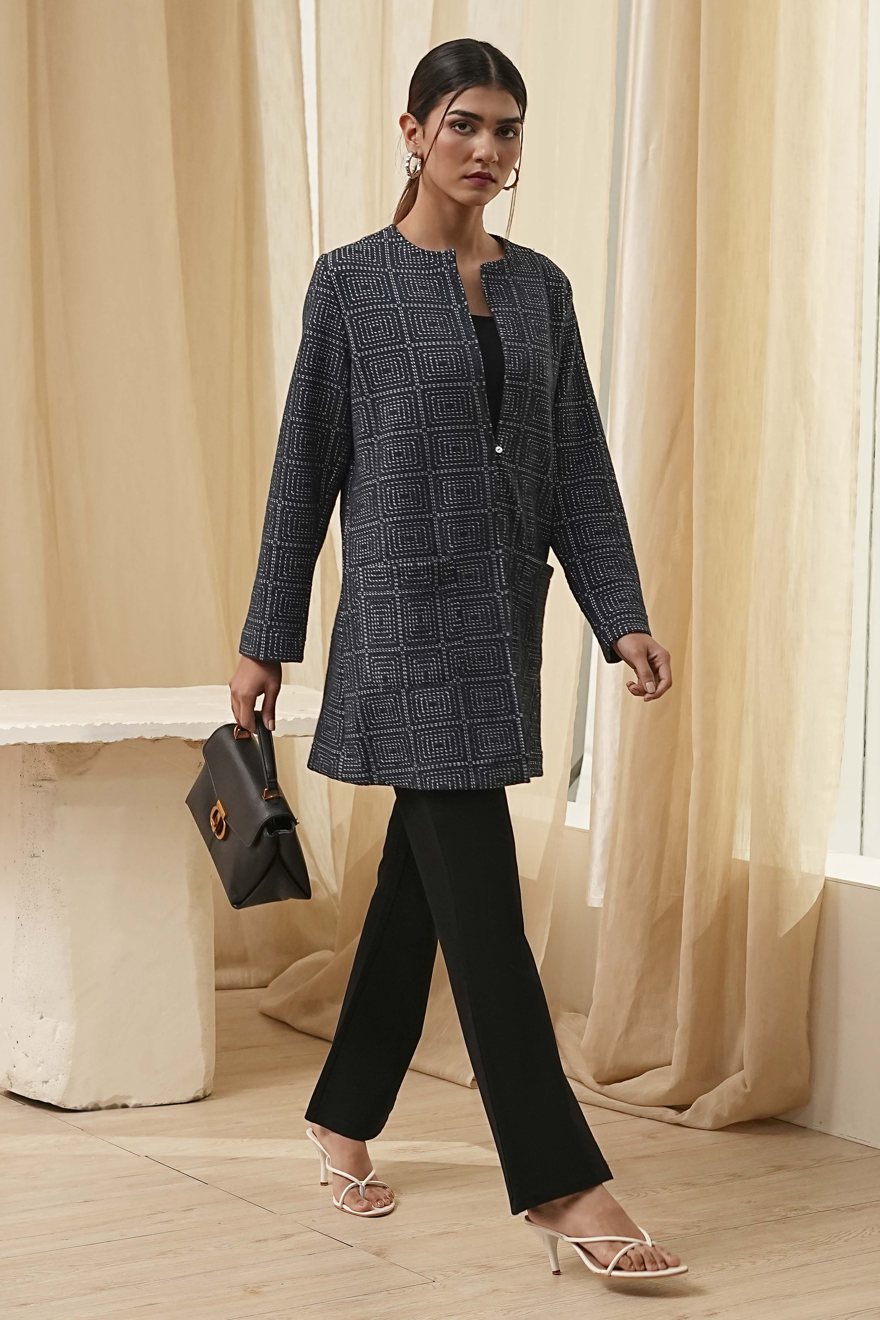 Navy Blue Printed Straight Jacket image number 0