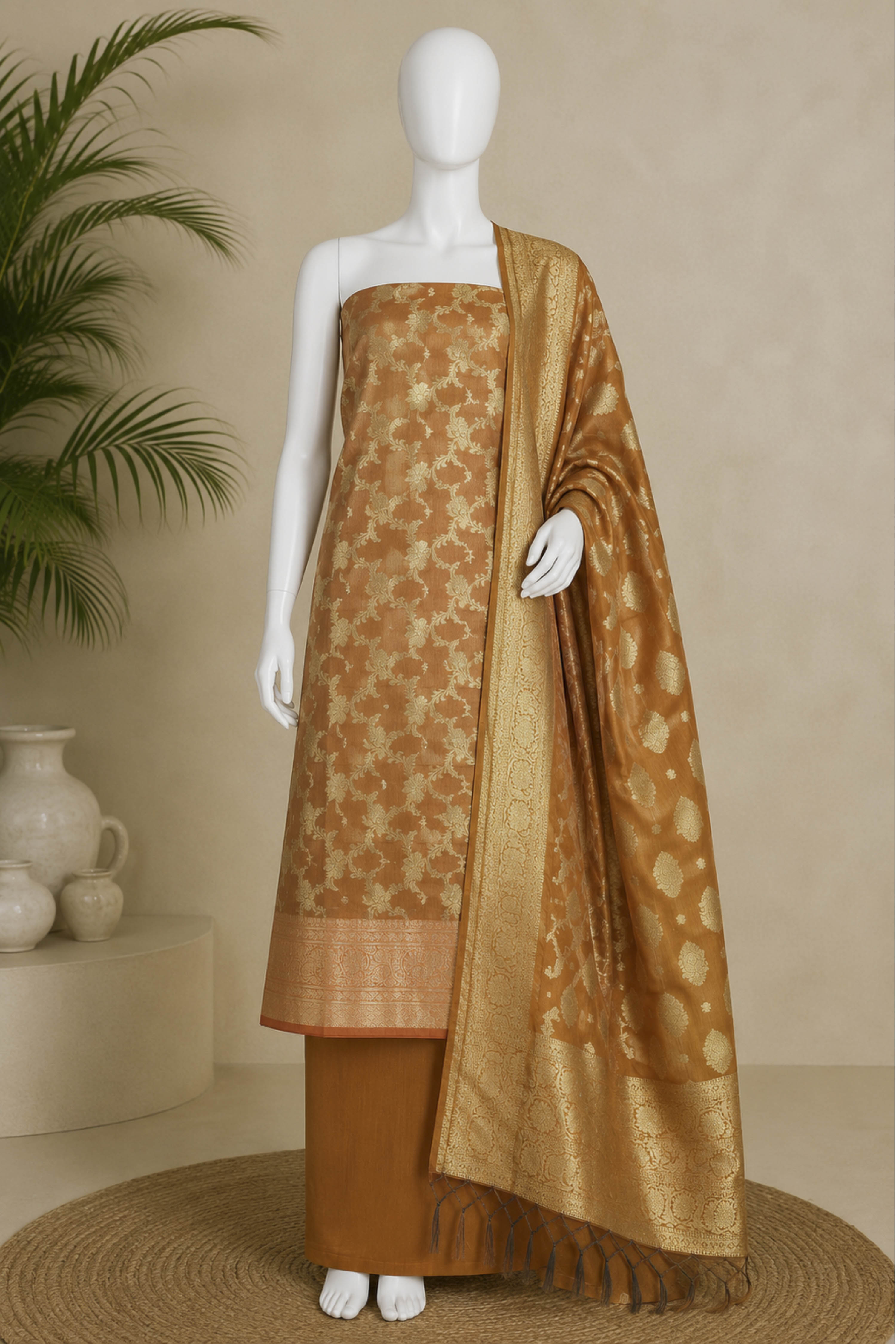 Green Chanderi Silk Printed Unstitched Suit Set image number 5