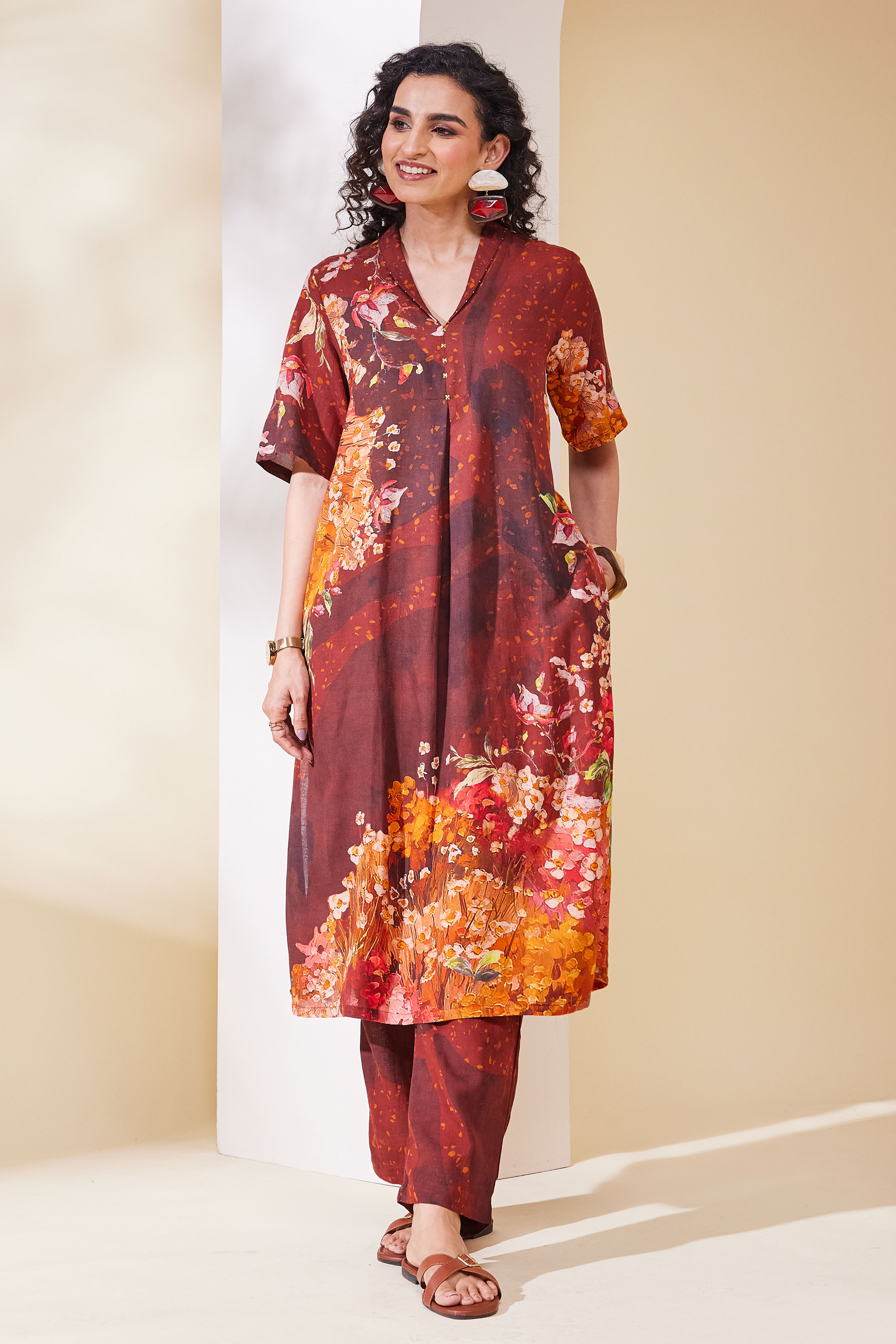 Brown Viscose Rayon A Line Kurta Pants Set image number 0