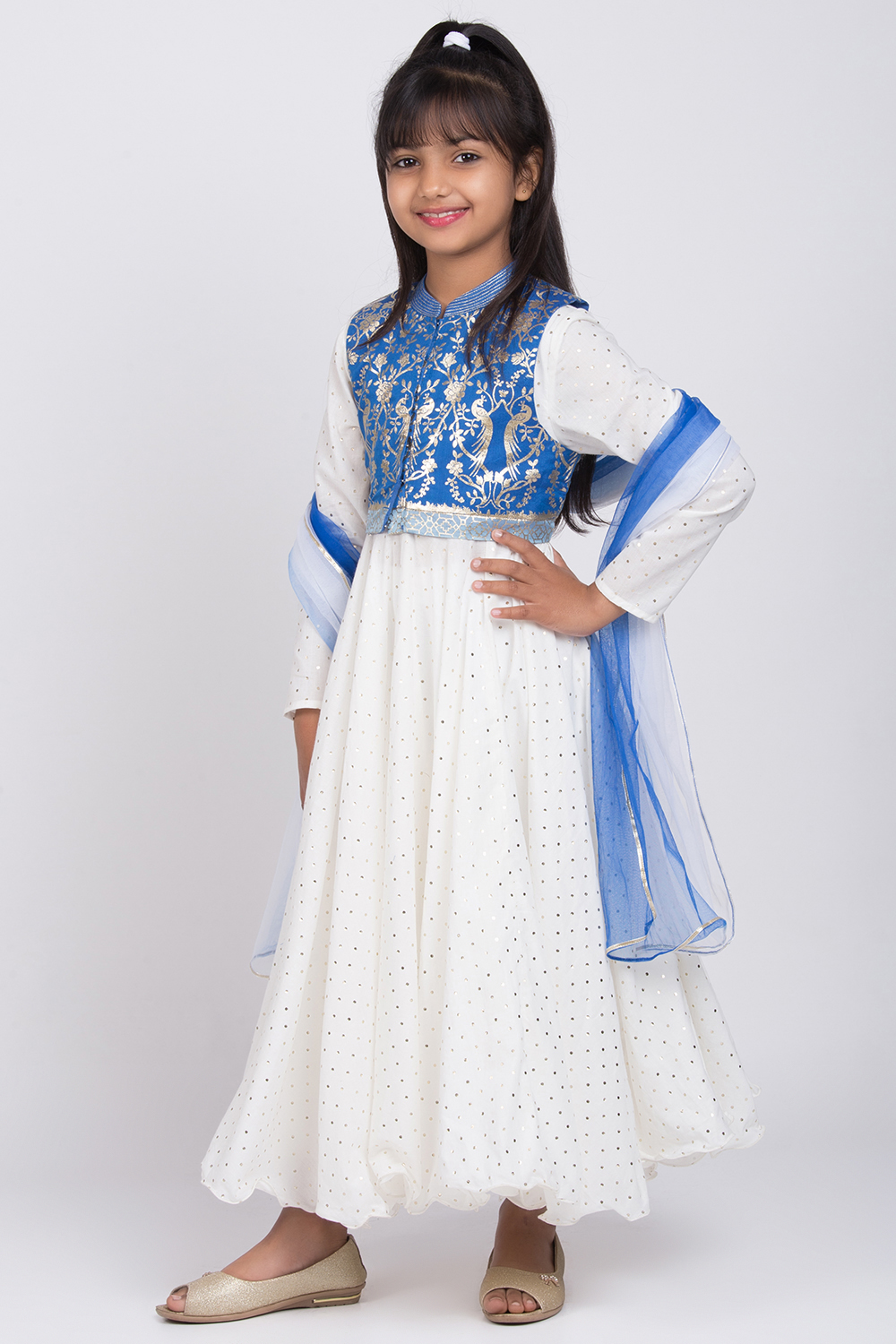 Off White Cotton Anarkali Kurta Churidar Suit Set image number 4