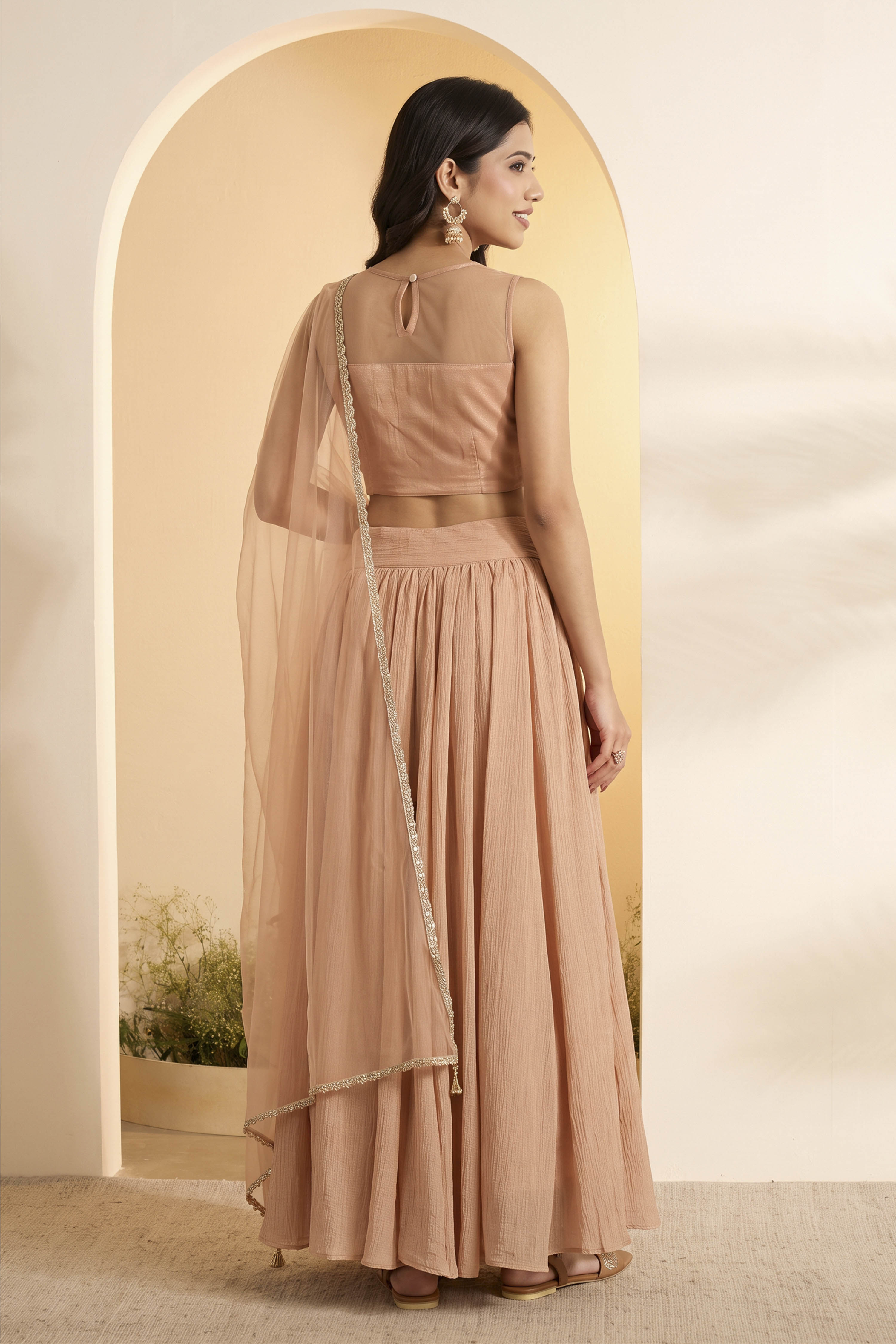 Peach Nylon Straight Lehenga Set image number 4