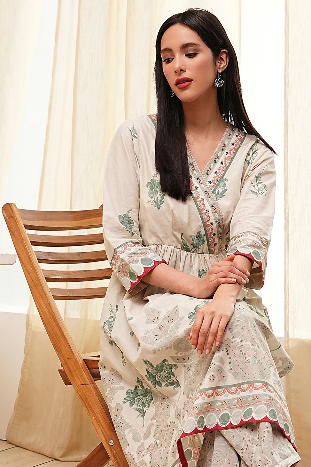 Beige and Green Cotton Angrakha Anarkali Kurta Set image number 0