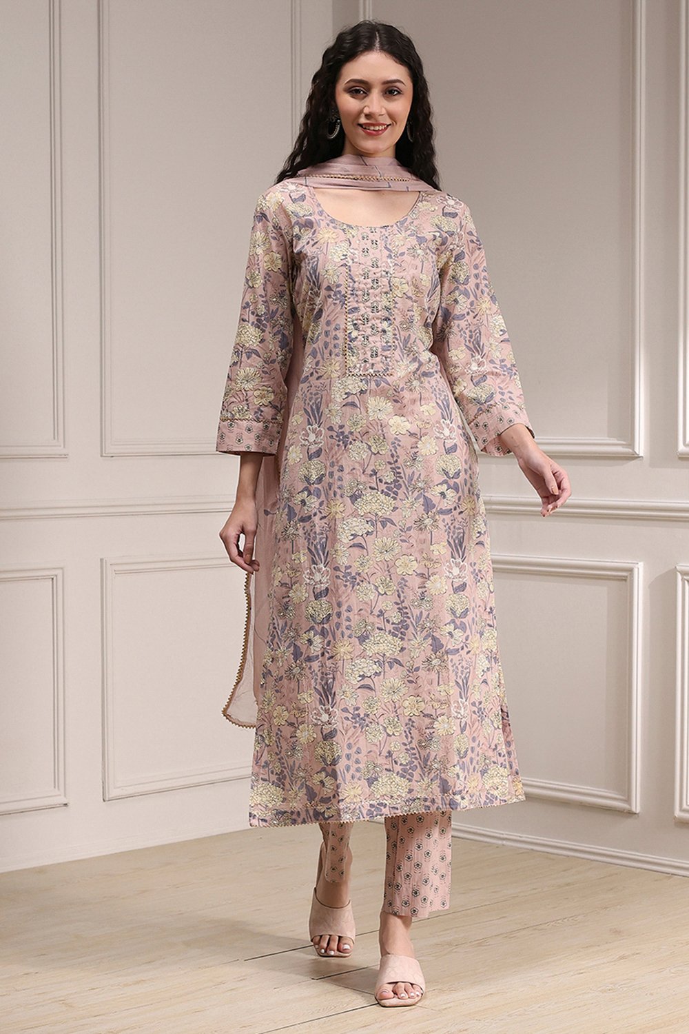 Purple Cotton Printed Embroidered Unstitched Suit Set image number 1