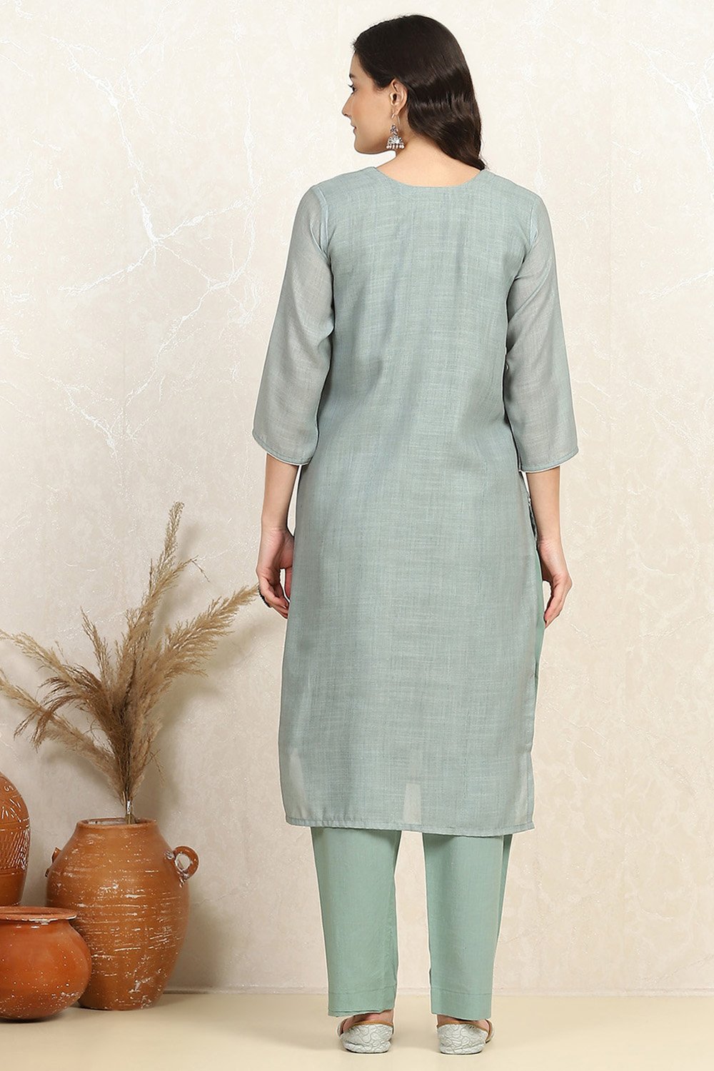 Teal Cotton Unstitched Suit Set image number 5