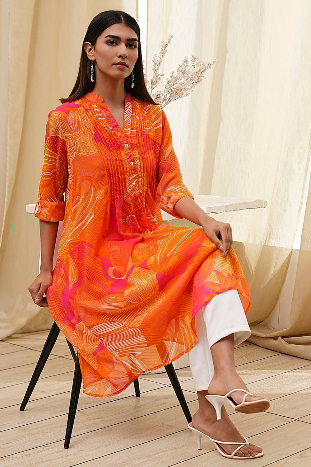 Blue Printed Pleated A-Line Kurta image number 0
