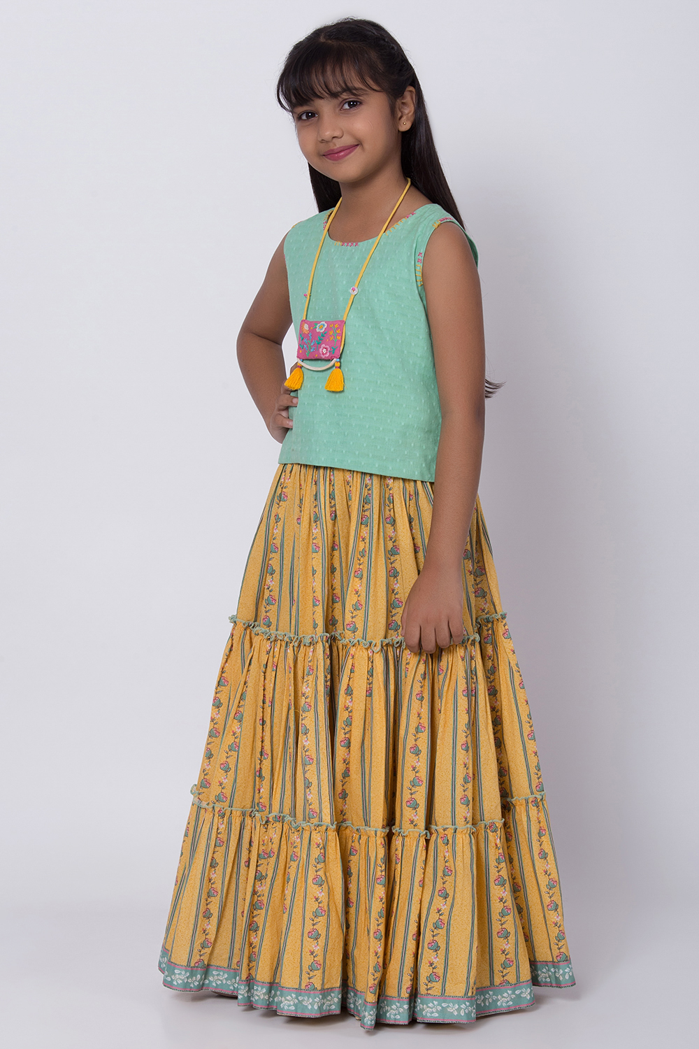 Green And Yellow Printed Skirt Top Set image number 2