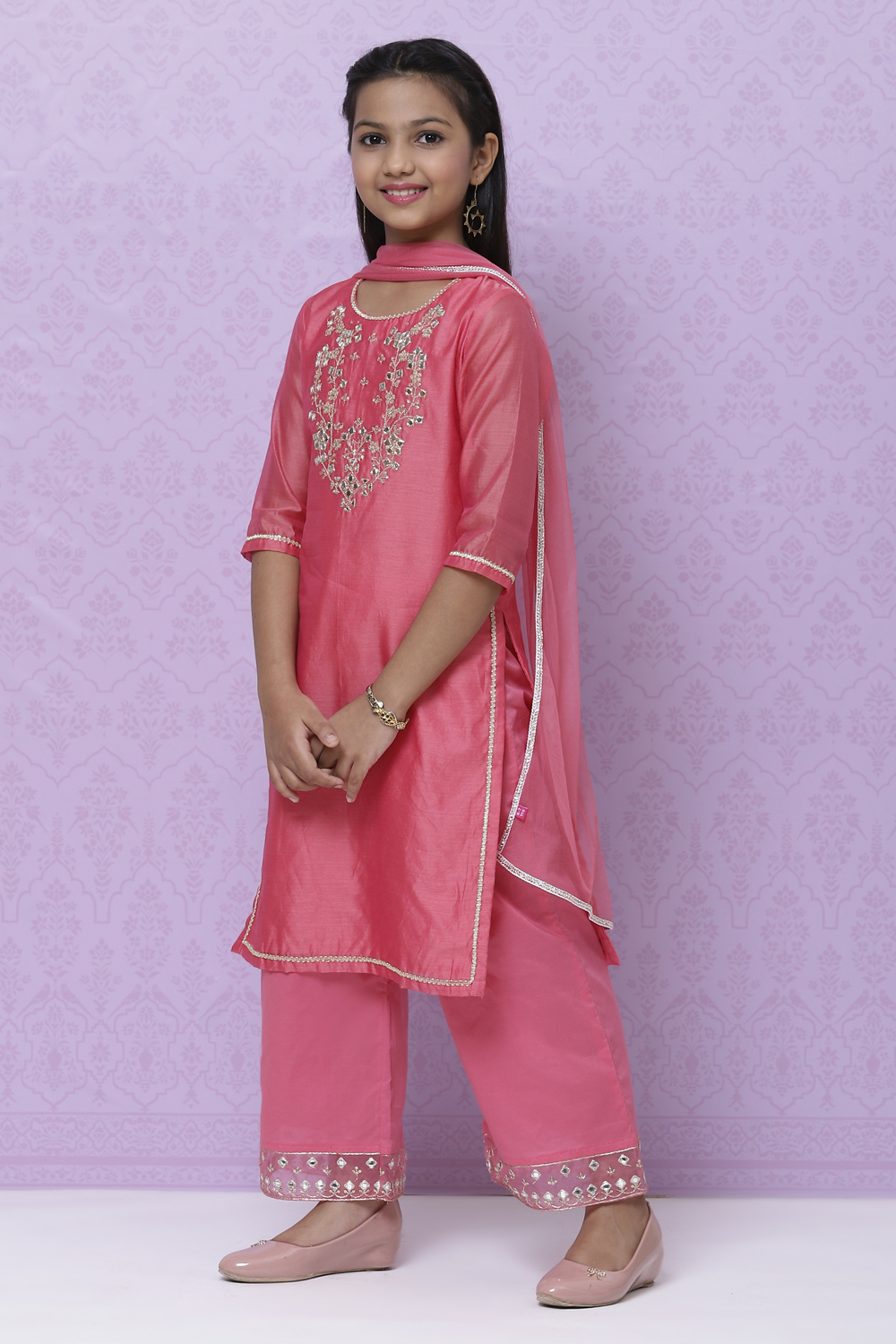 Pink Poly Cotton Girls Straight  Kurta Palazzo Suit Set image number 5