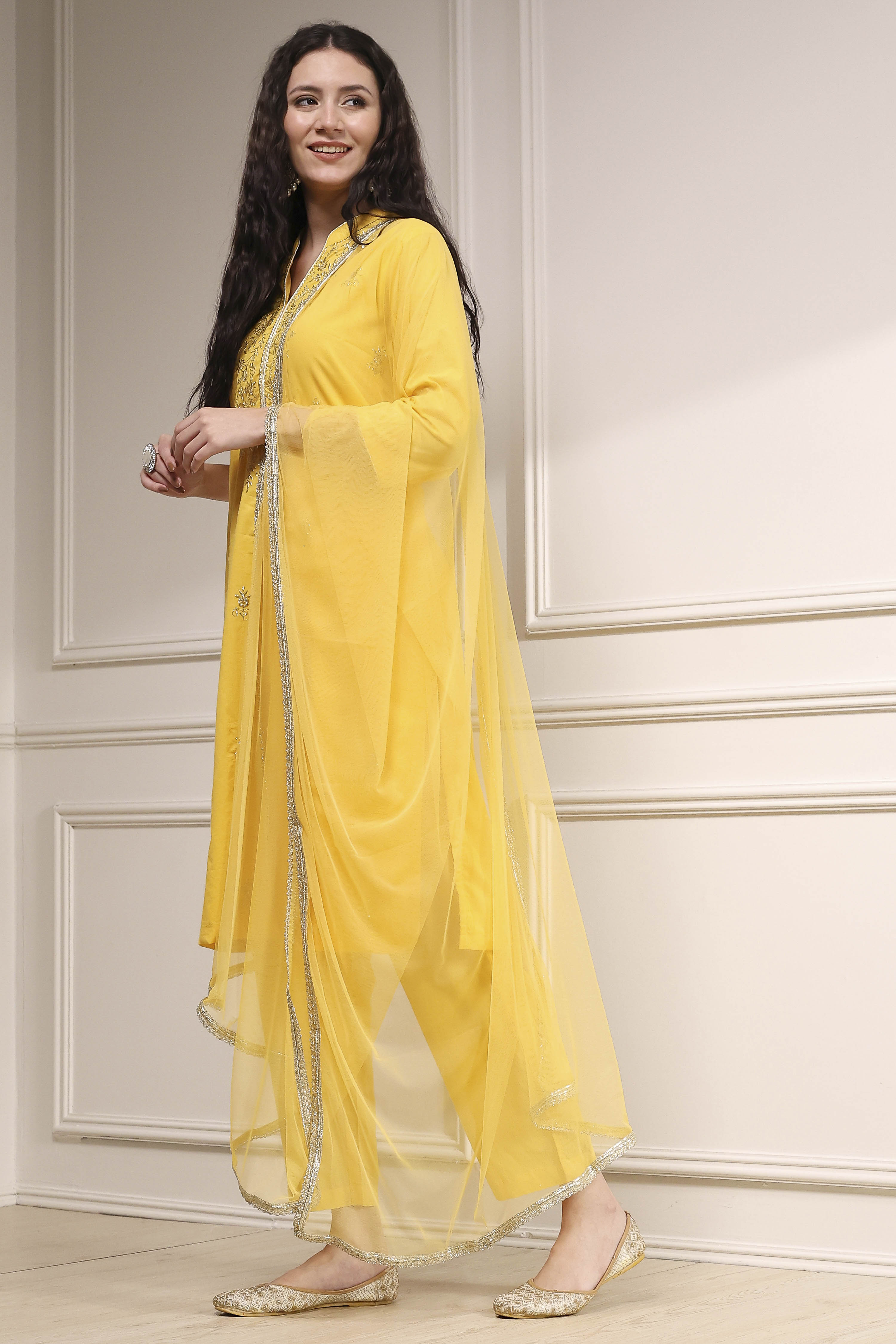 Yellow Cotton Embroidered Straight Suit Set image number 3