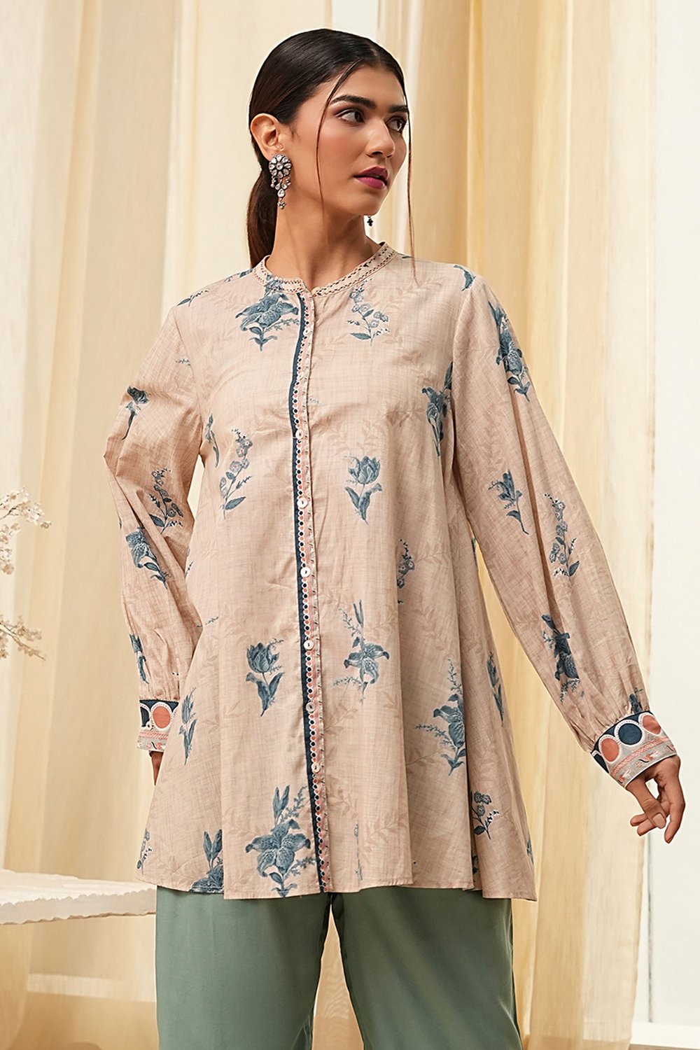 Beige Pure Cotton Shirt-Style A-Line Short Kurta image number 5