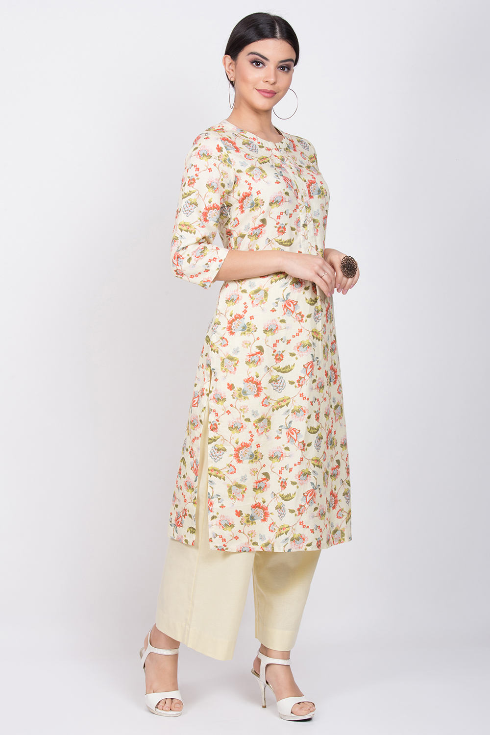 Cream Cotton Linen Kurta Pants Set image number 3
