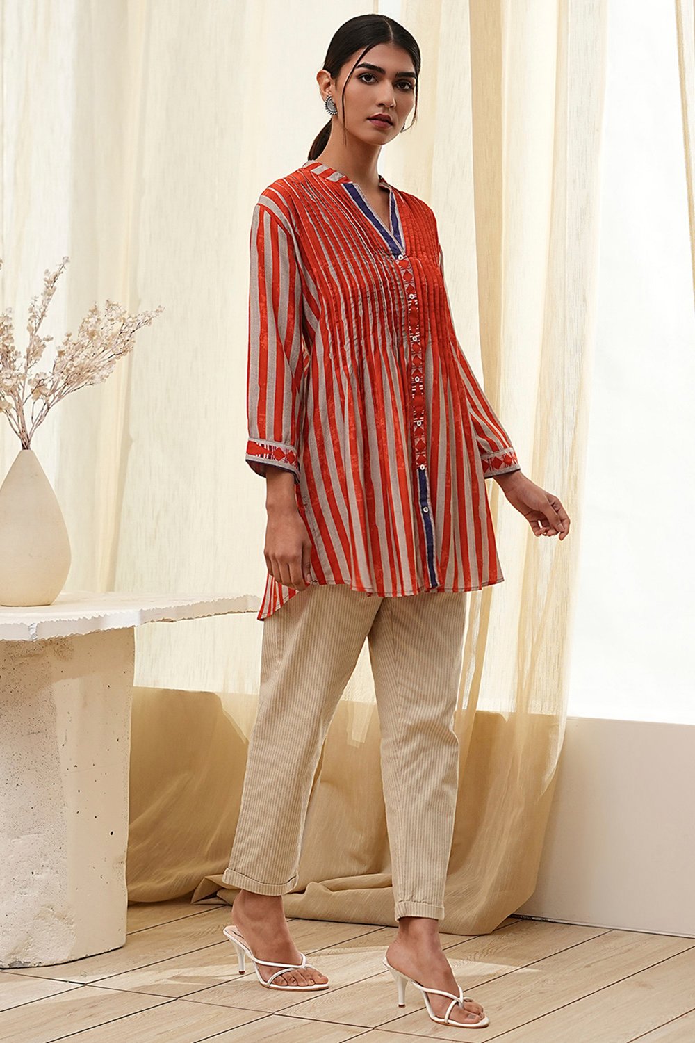 Orange Modal Printed Shirt-Style Short Kurta image number 4