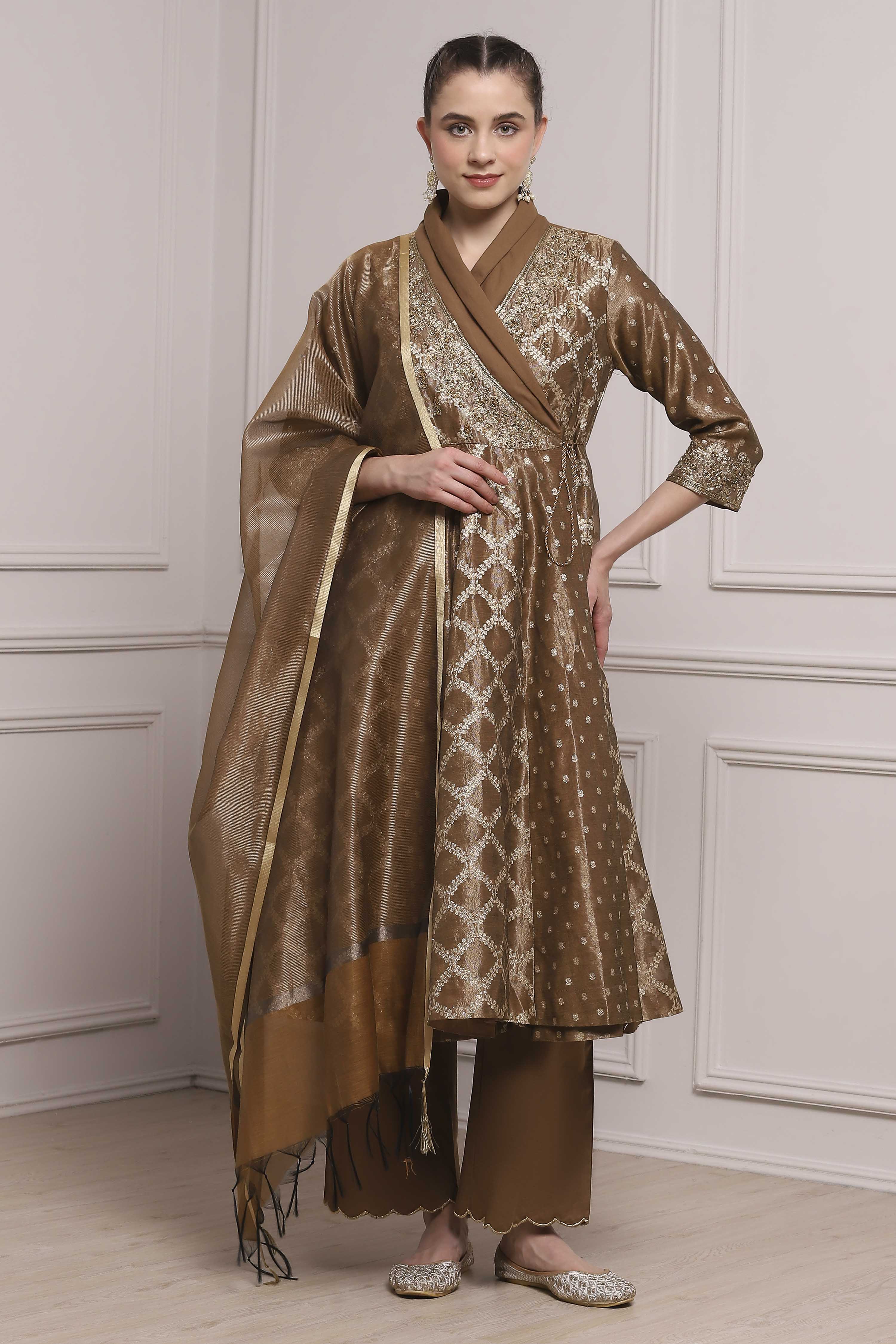 Brown Cotton Anarkali Yarndyed Suit Set image number 6