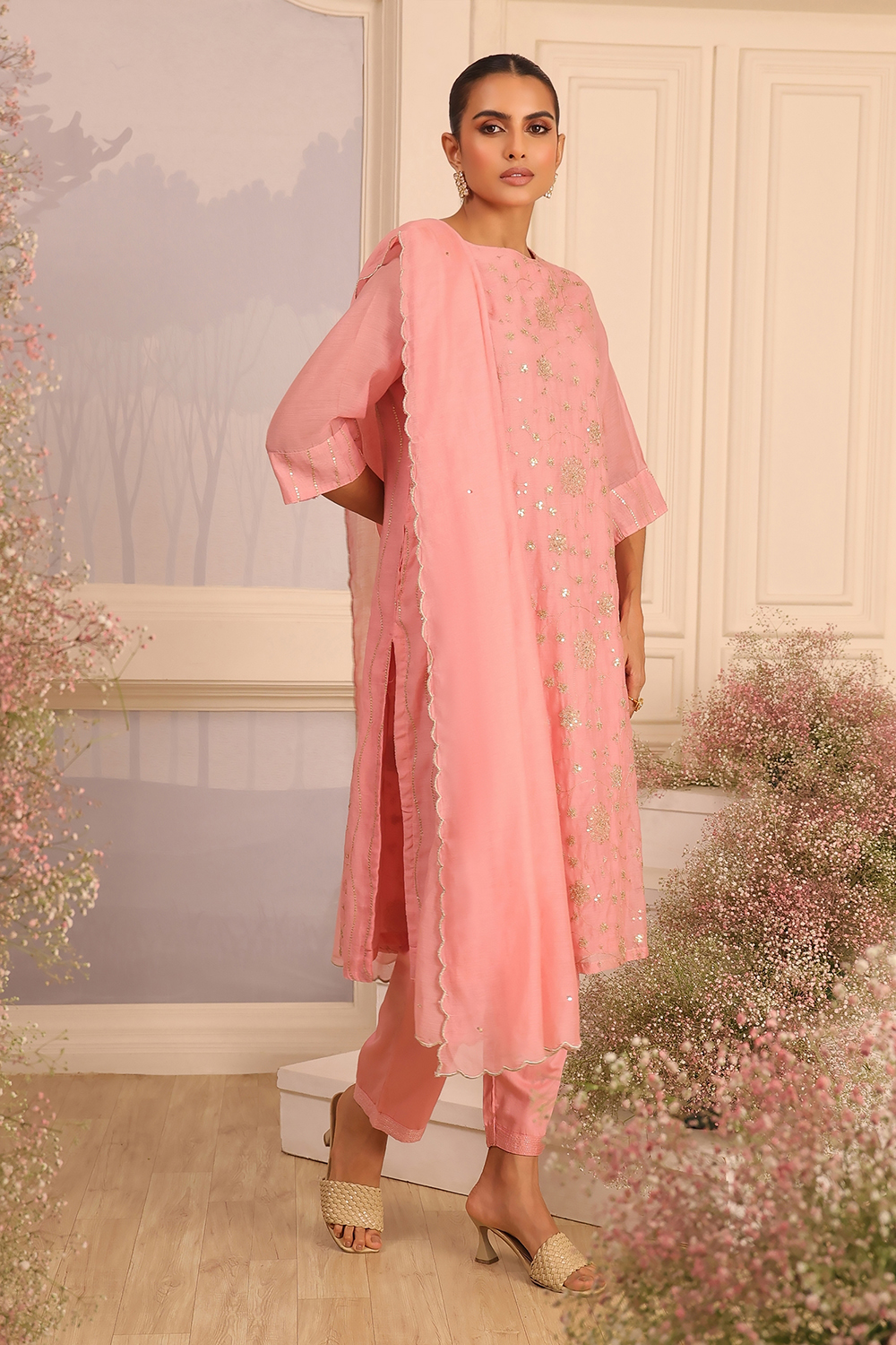 Pink Silk Embroidered Straight Suit Set image number 5