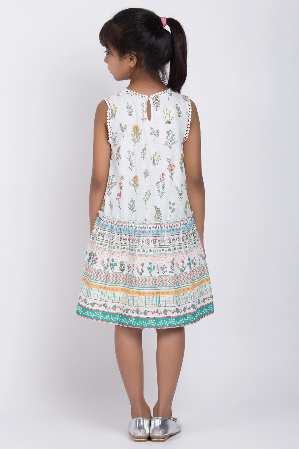 White Cotton A-Line Printed Dress image number 4