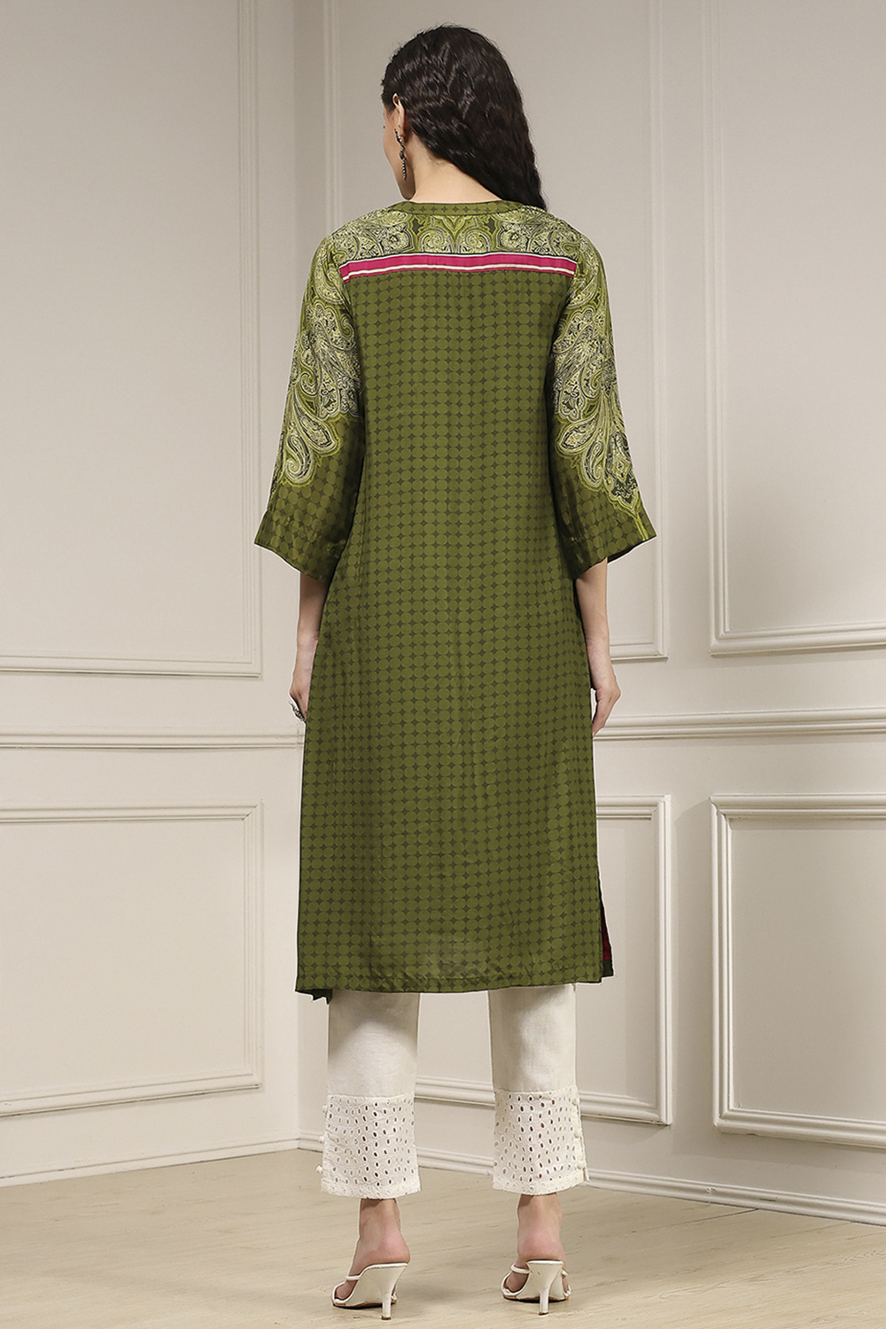 Olive Green Printed Straight Kurta image number 3