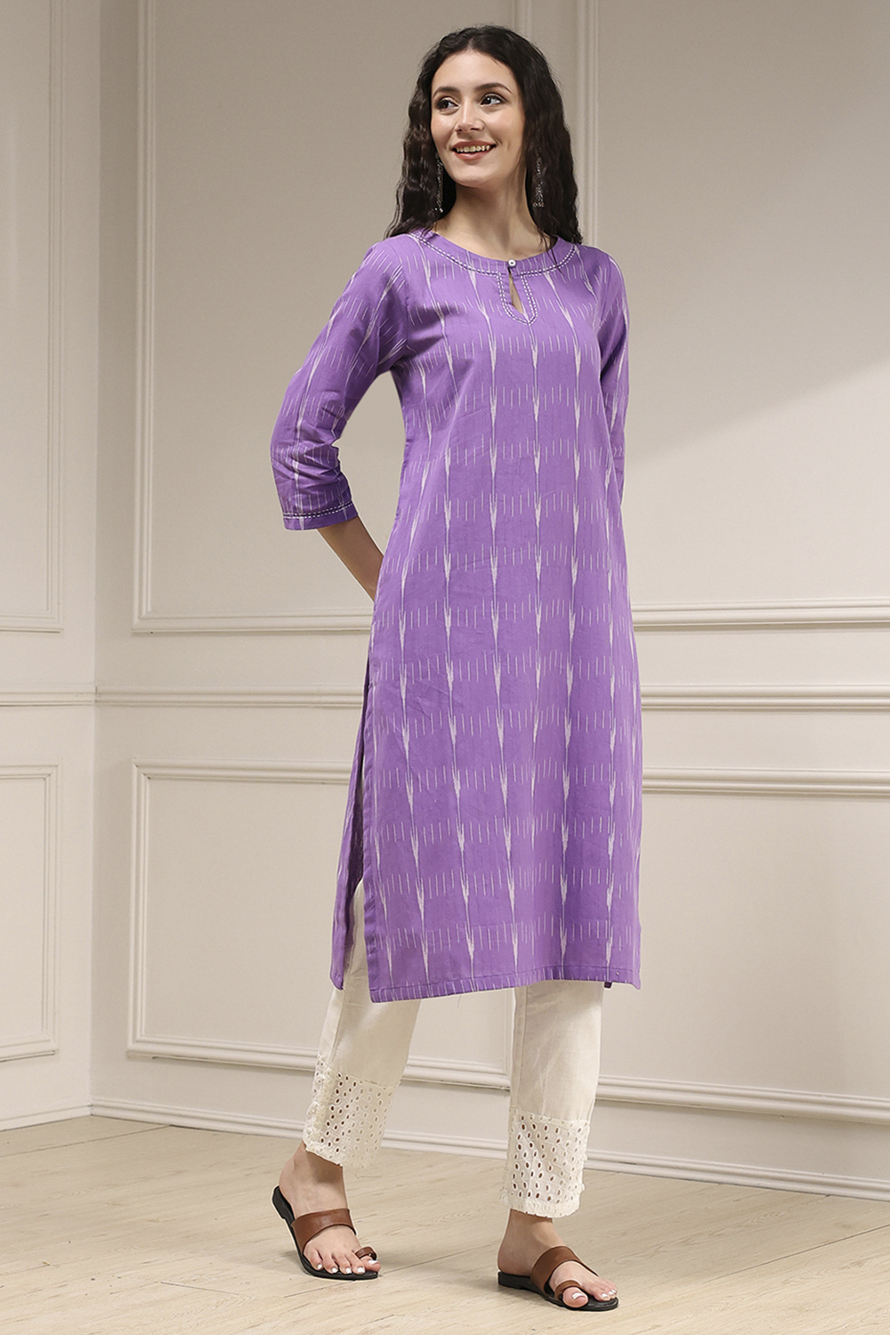 Purple Cotton Ikat Straight Kurta image number 4