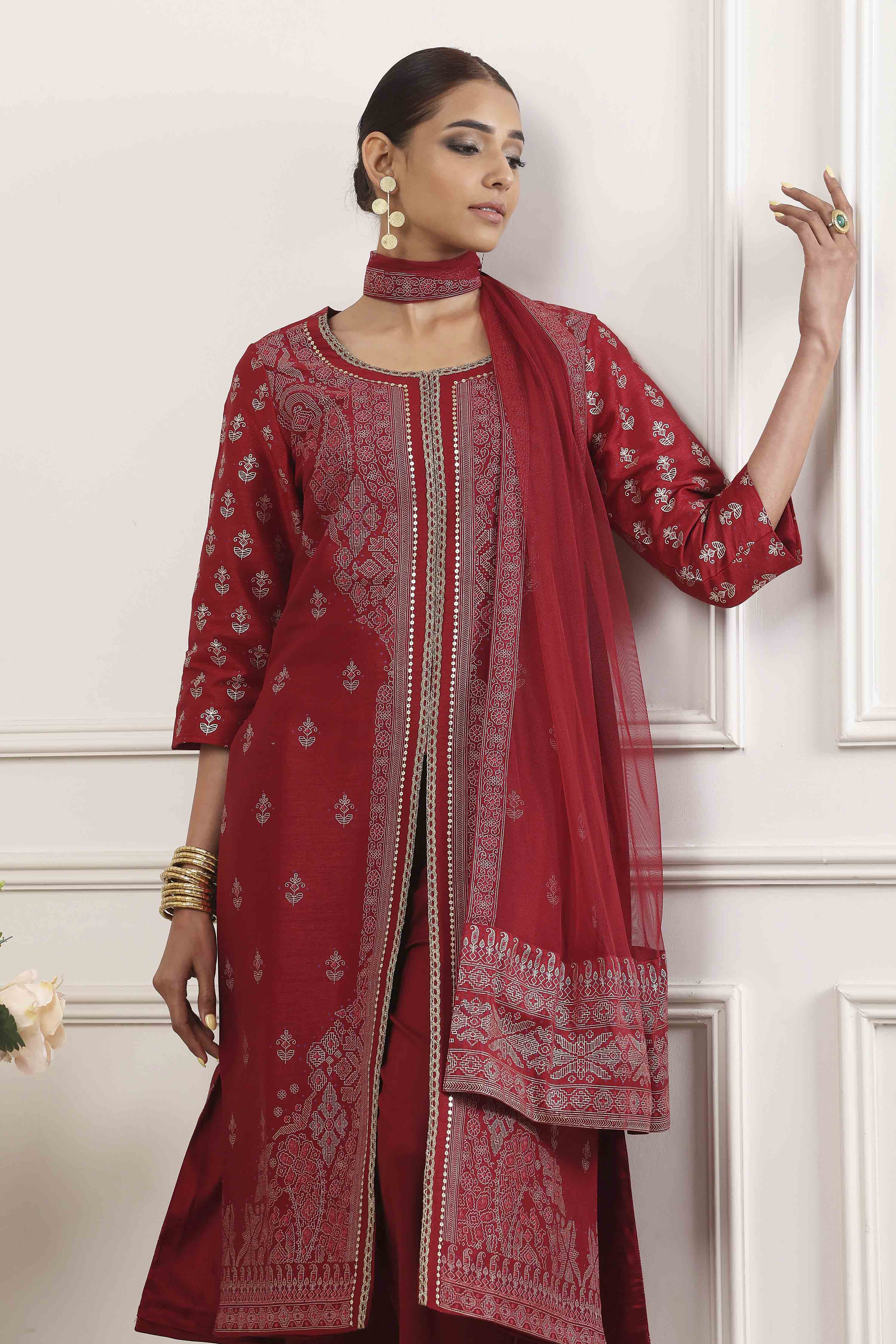 Maroon Polyester Straight Suit Set image number 1