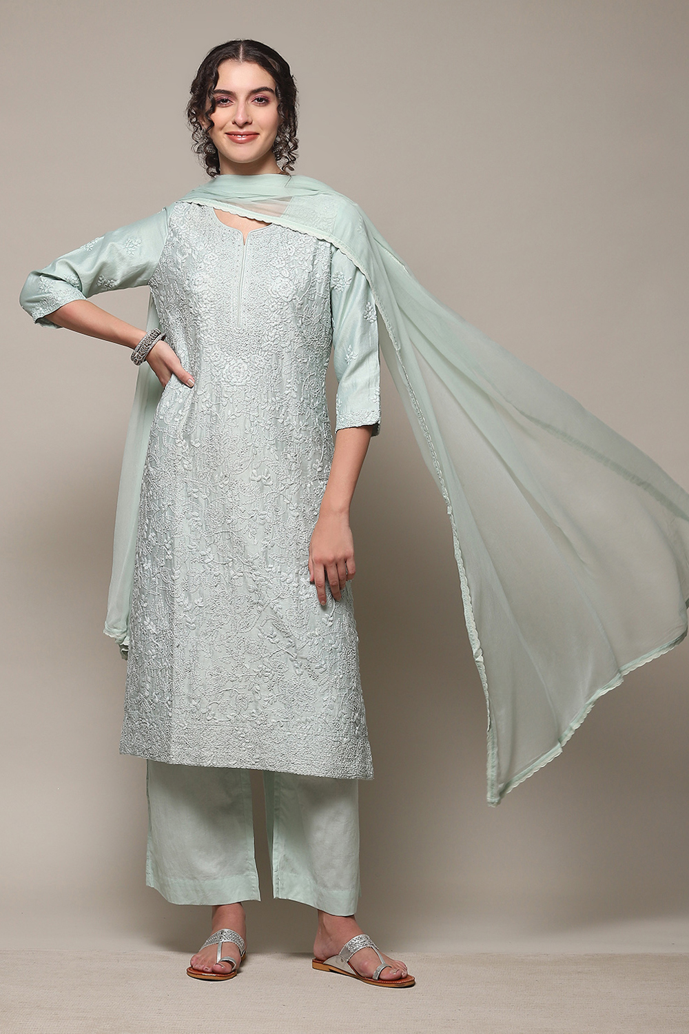 Sea Green Cotton Silk Straight Kurta Palazzo Suit Set image number 0
