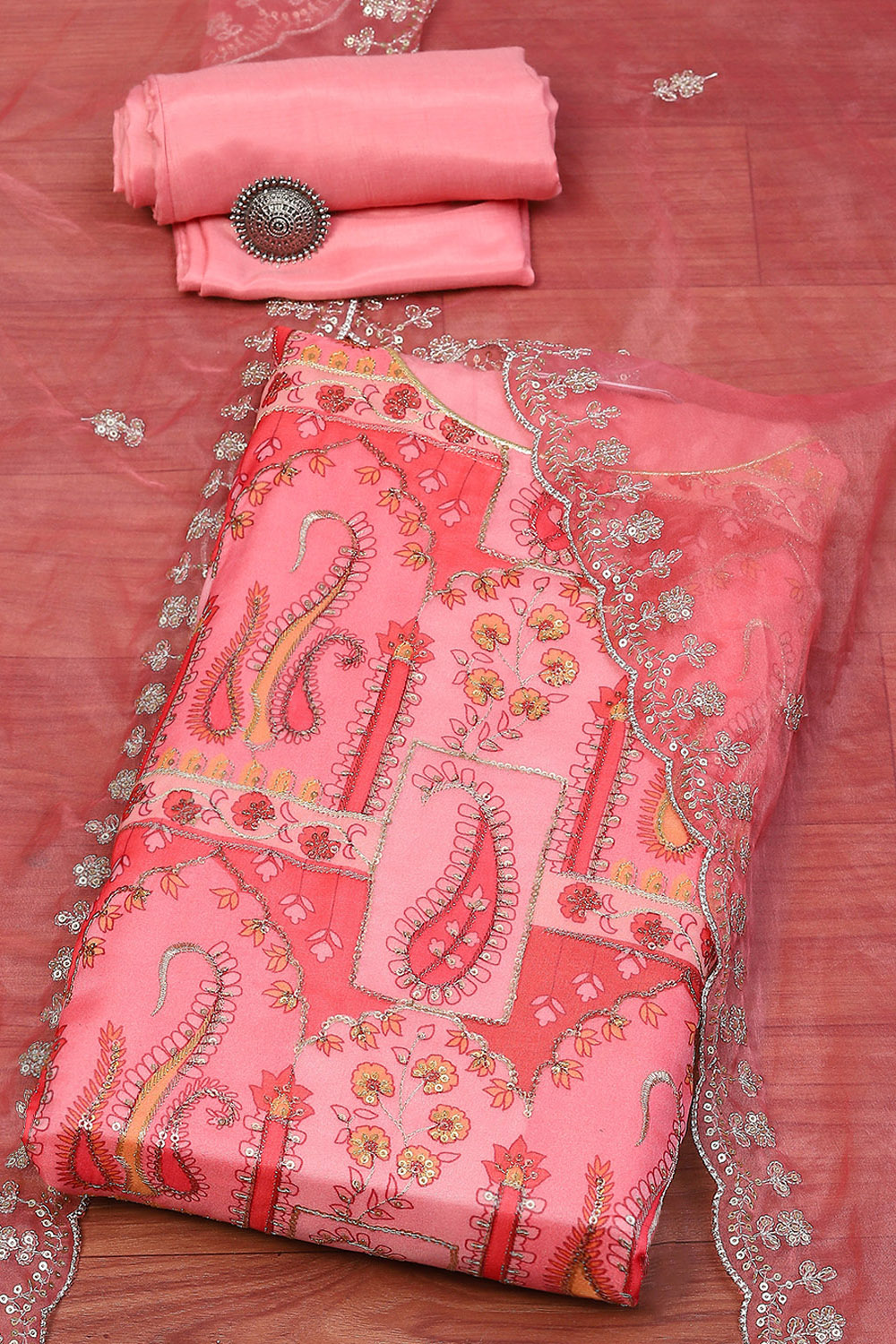Grey Organza Unstitched Suit Set image number 0