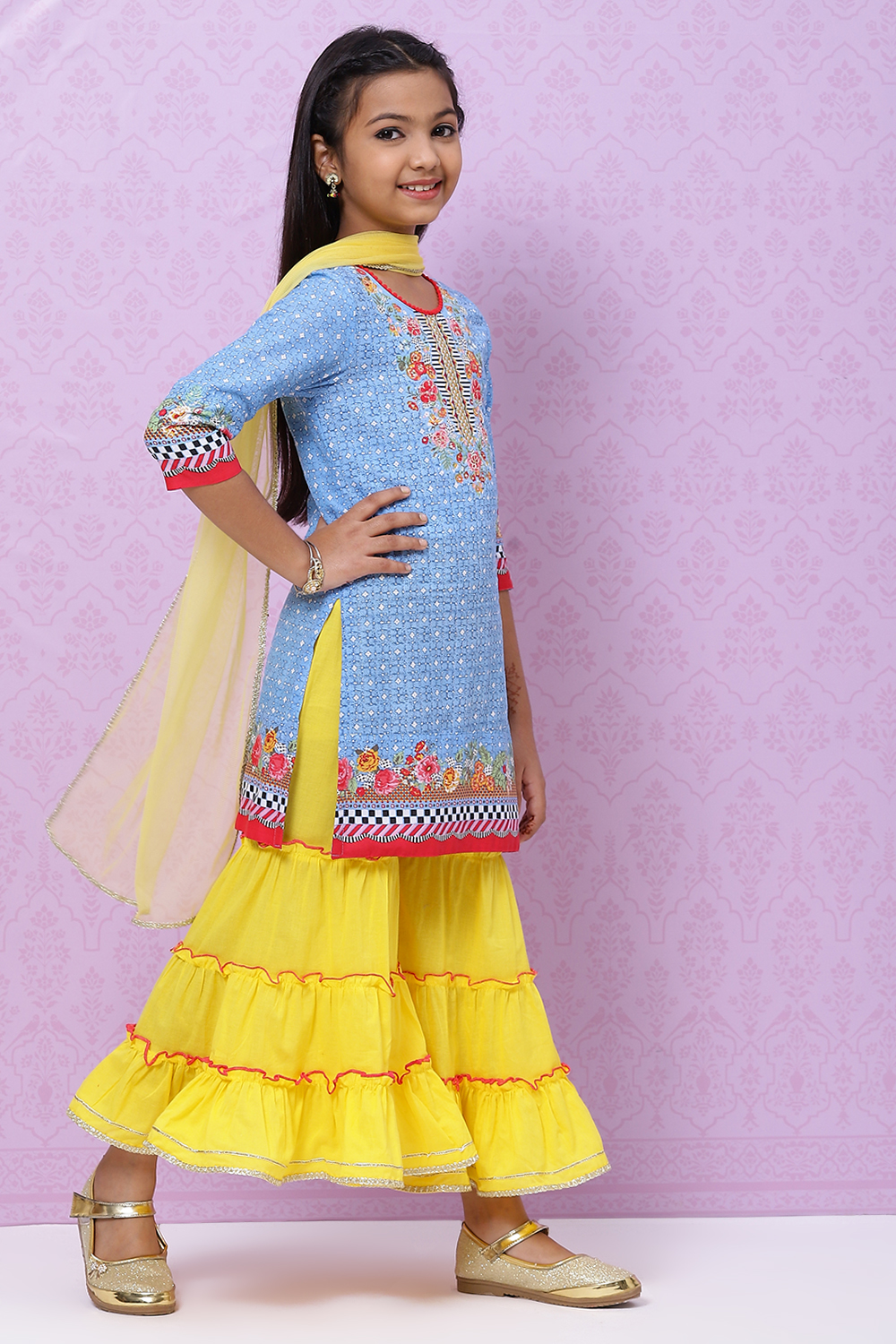 Blue Cotton Girls Straight Kurta Sharara Suit Set image number 5