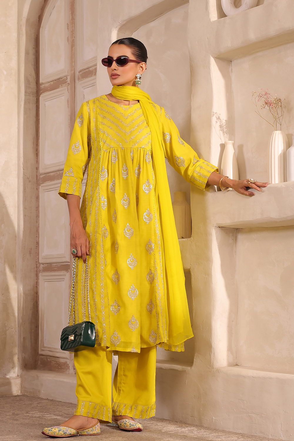 Lime Yellow Chanderi Straight Dyed Suit Set image number 0