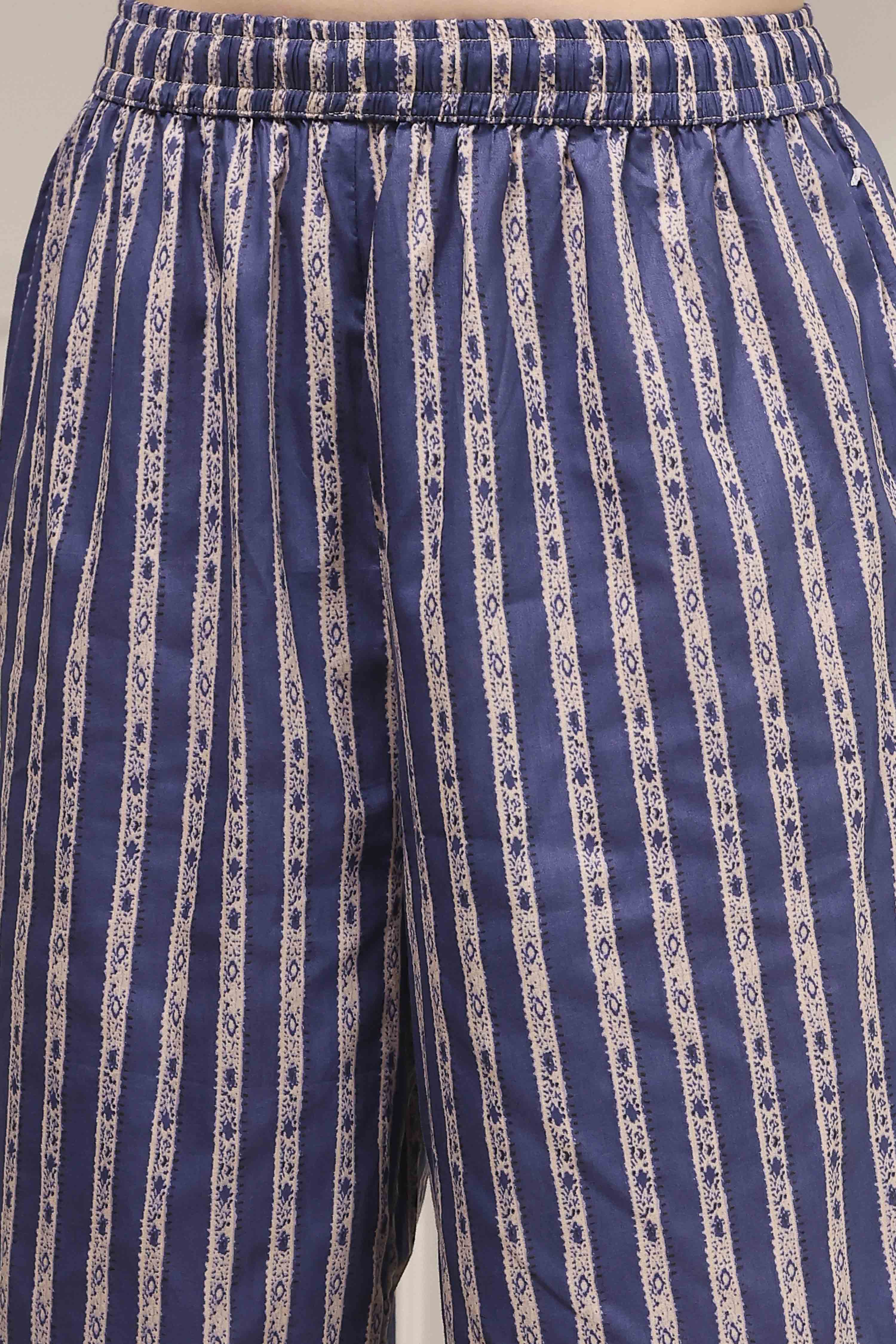 Navy Blue and Beige Cotton Straight Suit Set image number 2