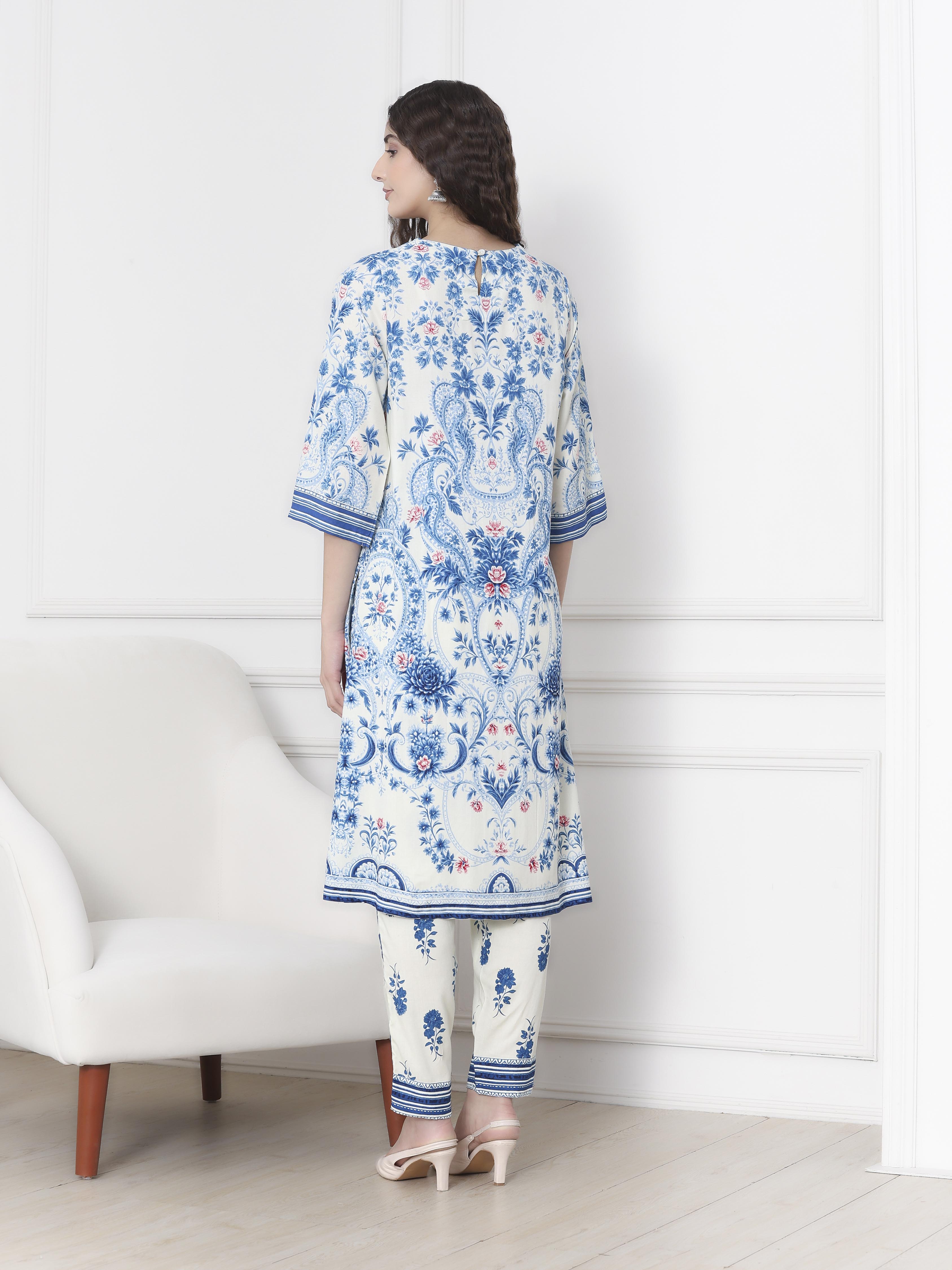 Pink and White Printed Straight Suit Set image number 4