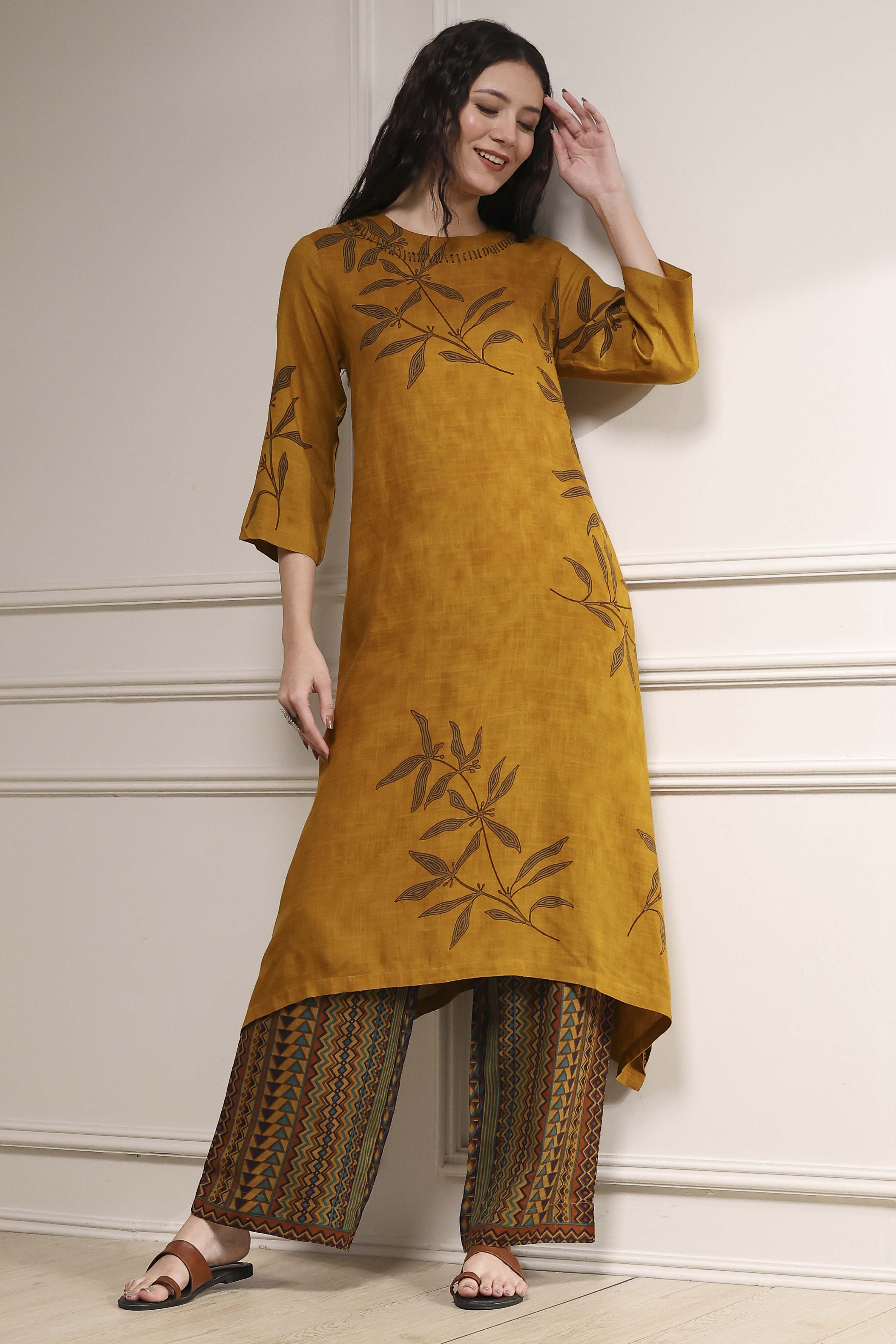 Mustard Yellow Viscose Rayon Straight Printed Kurta Pants Set image number 0