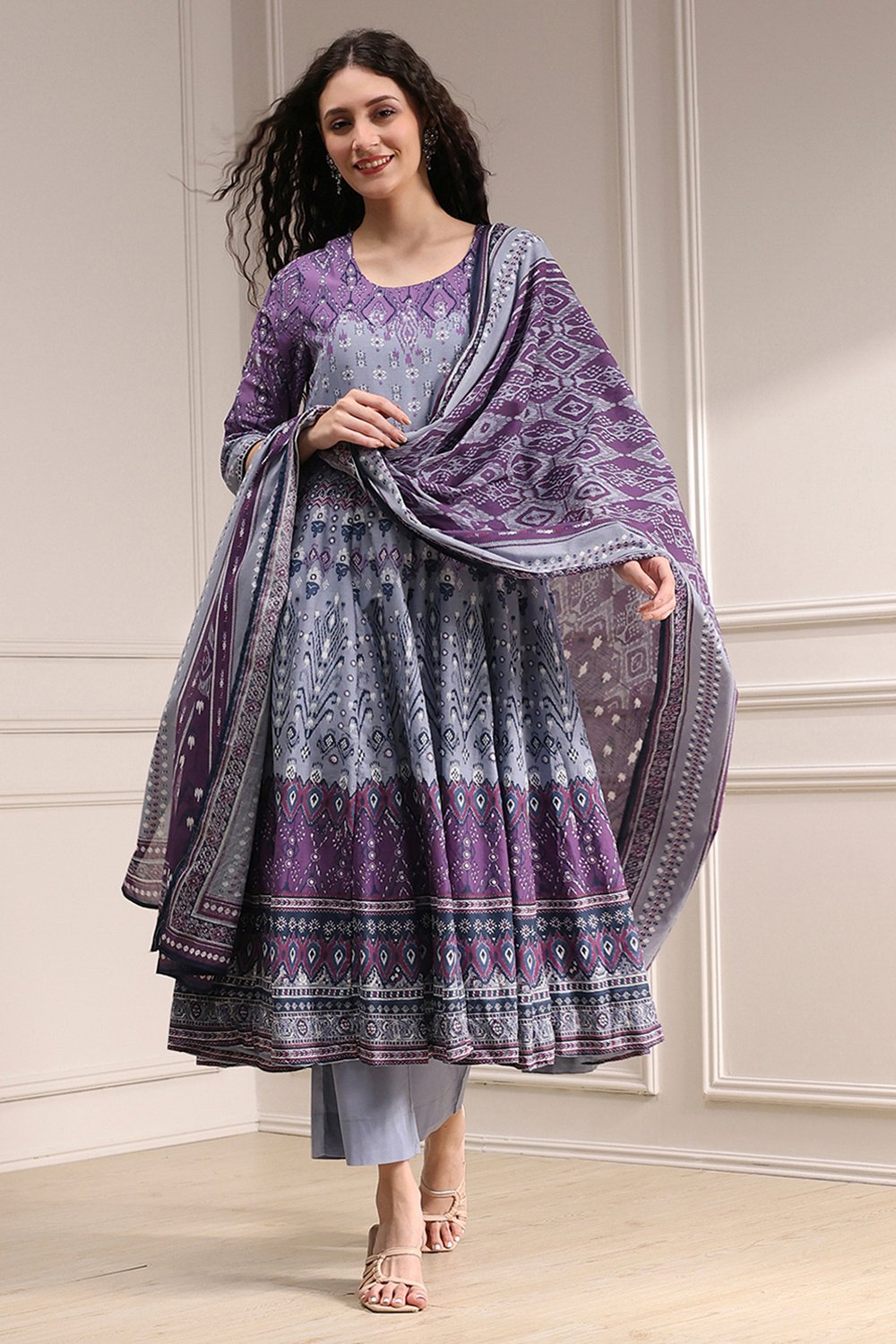 Lilac Cotton Printed Anarkali Suit Set image number 0