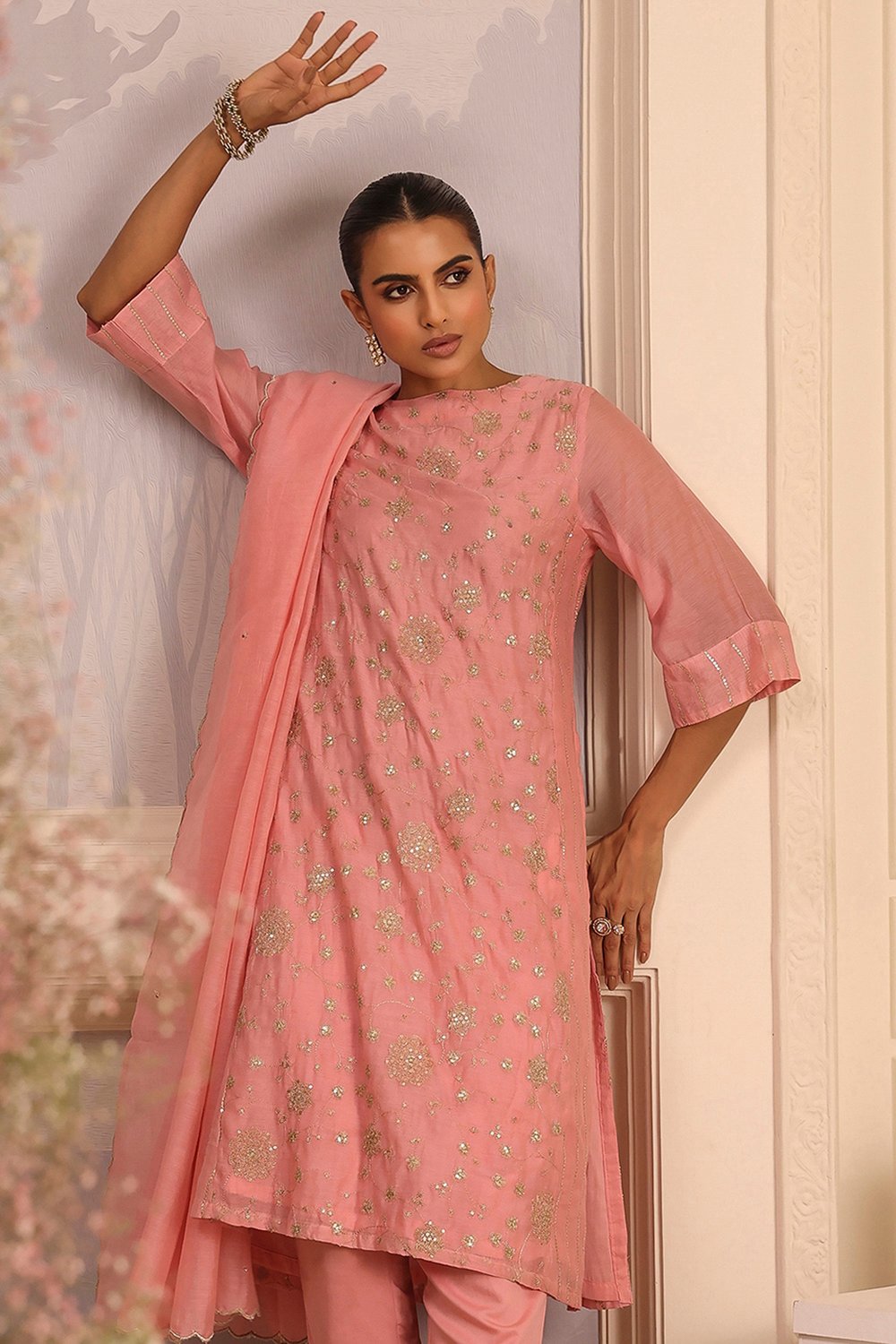 Pink Silk A-Line Embroidered Suit Set image number 1