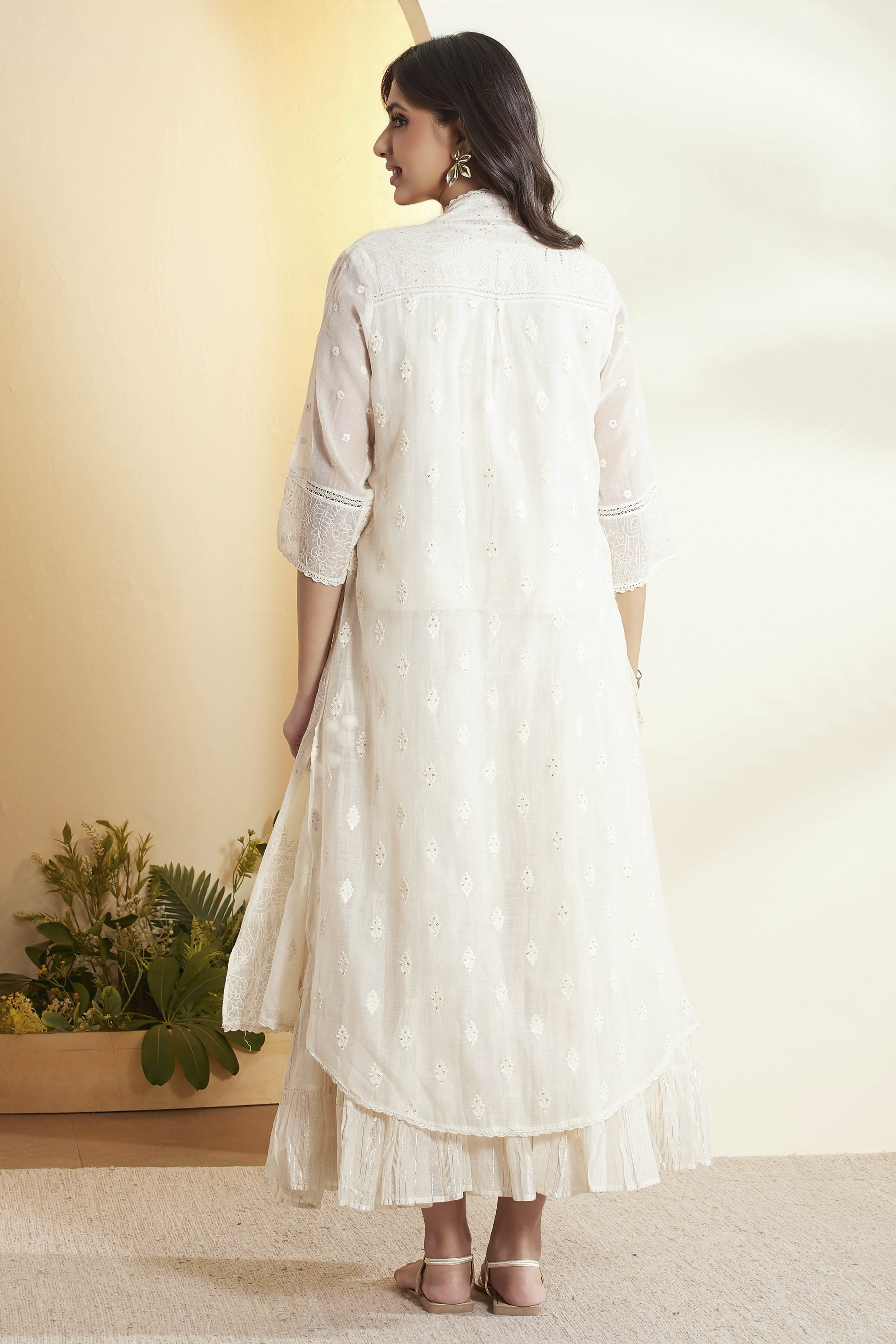 Off-White Cotton Embroidered Silk Fusion Set image number 6