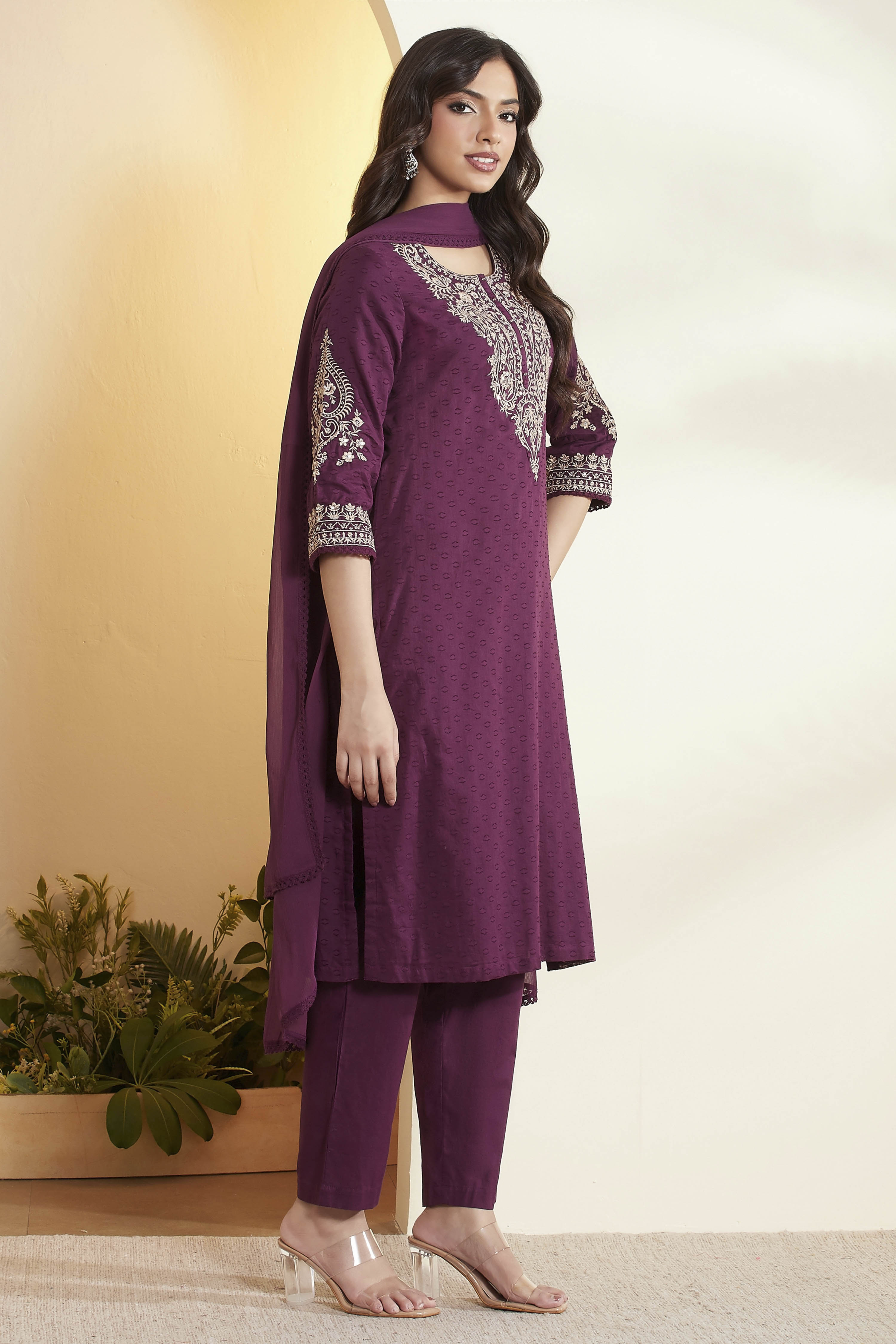Purple Cotton Straight Suit Set image number 5