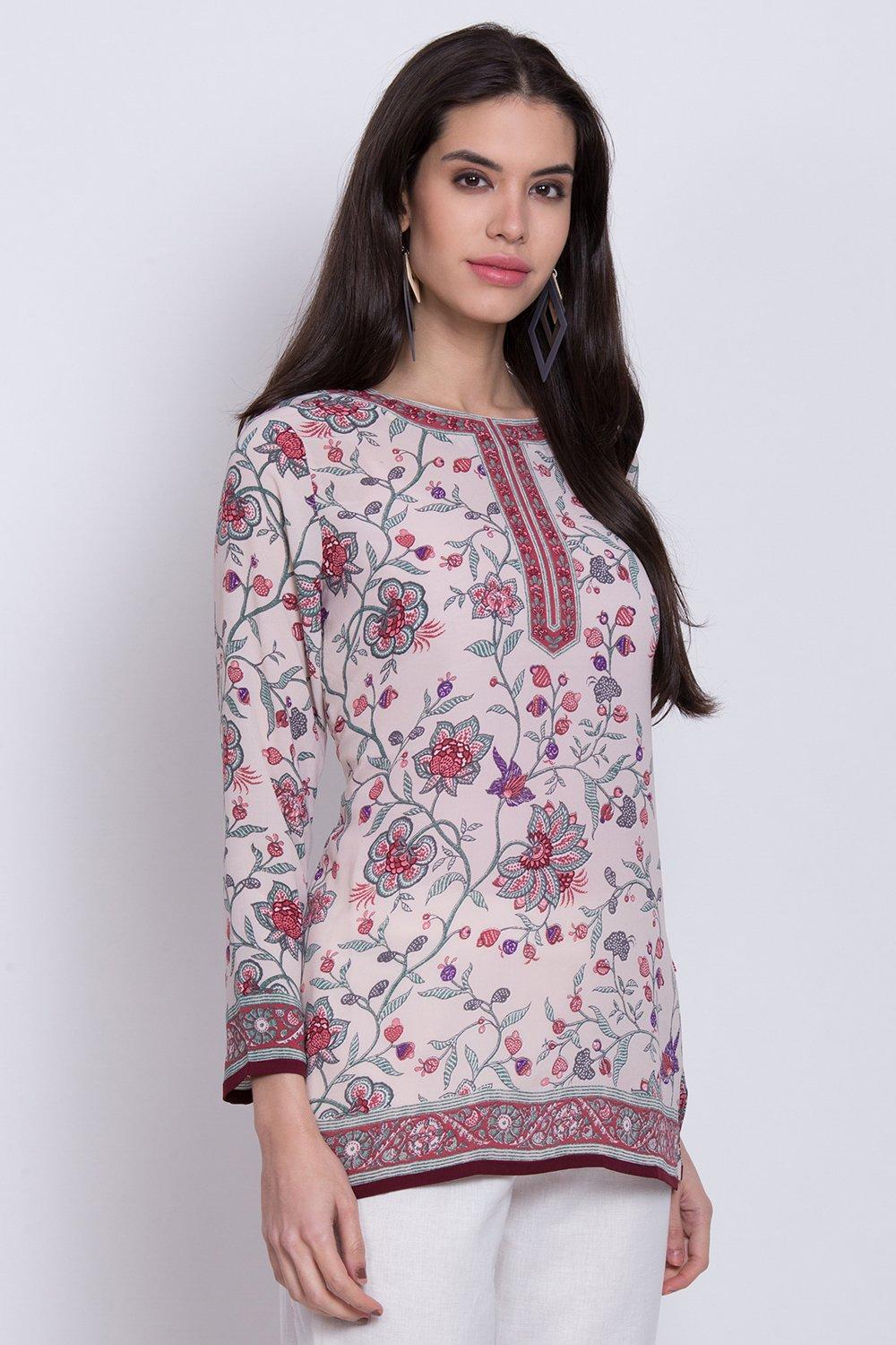 Blue Art Silk Straight Printed Kurti image number 3
