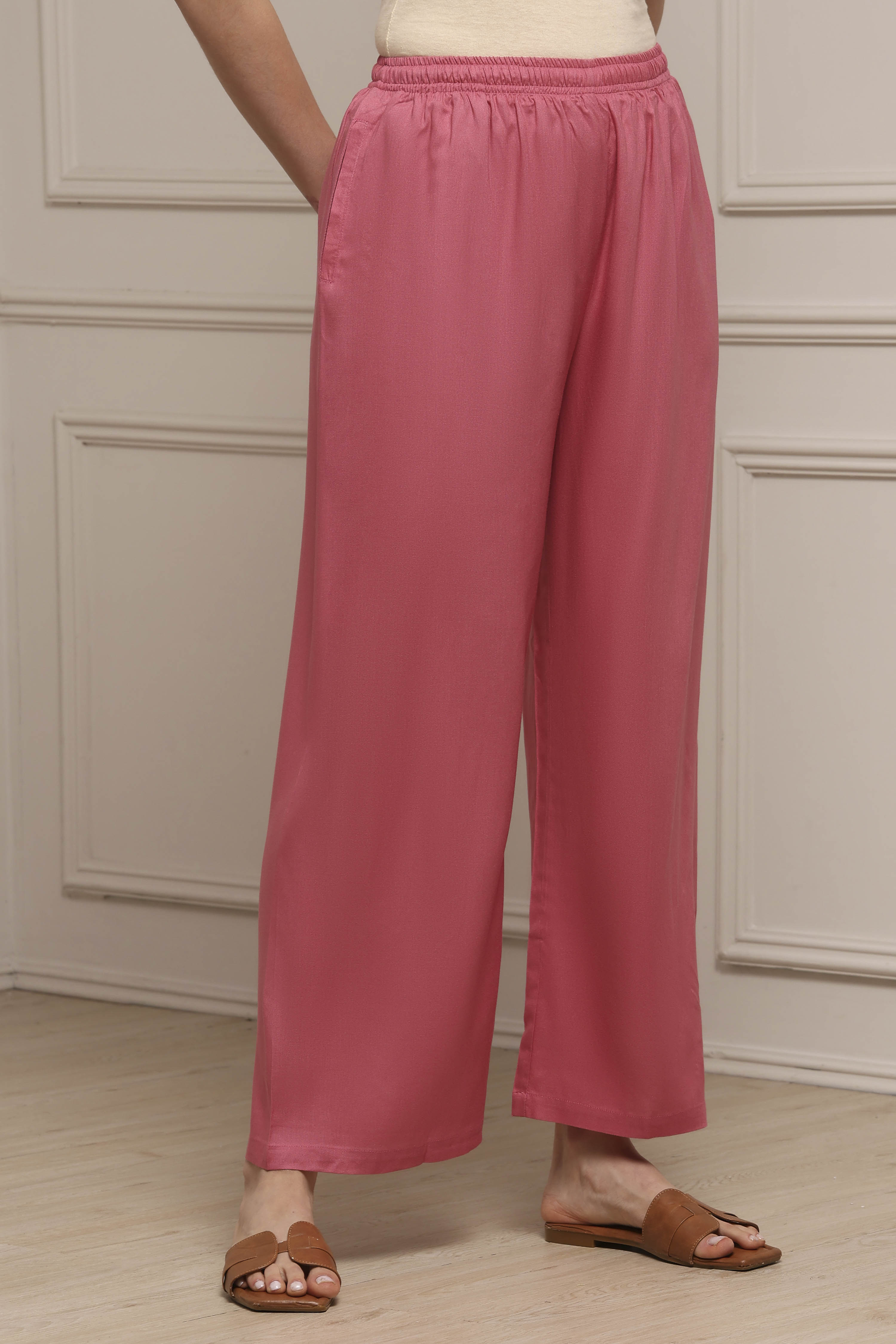 Light Pink Viscose Rayon Straight Palazzos image number 3