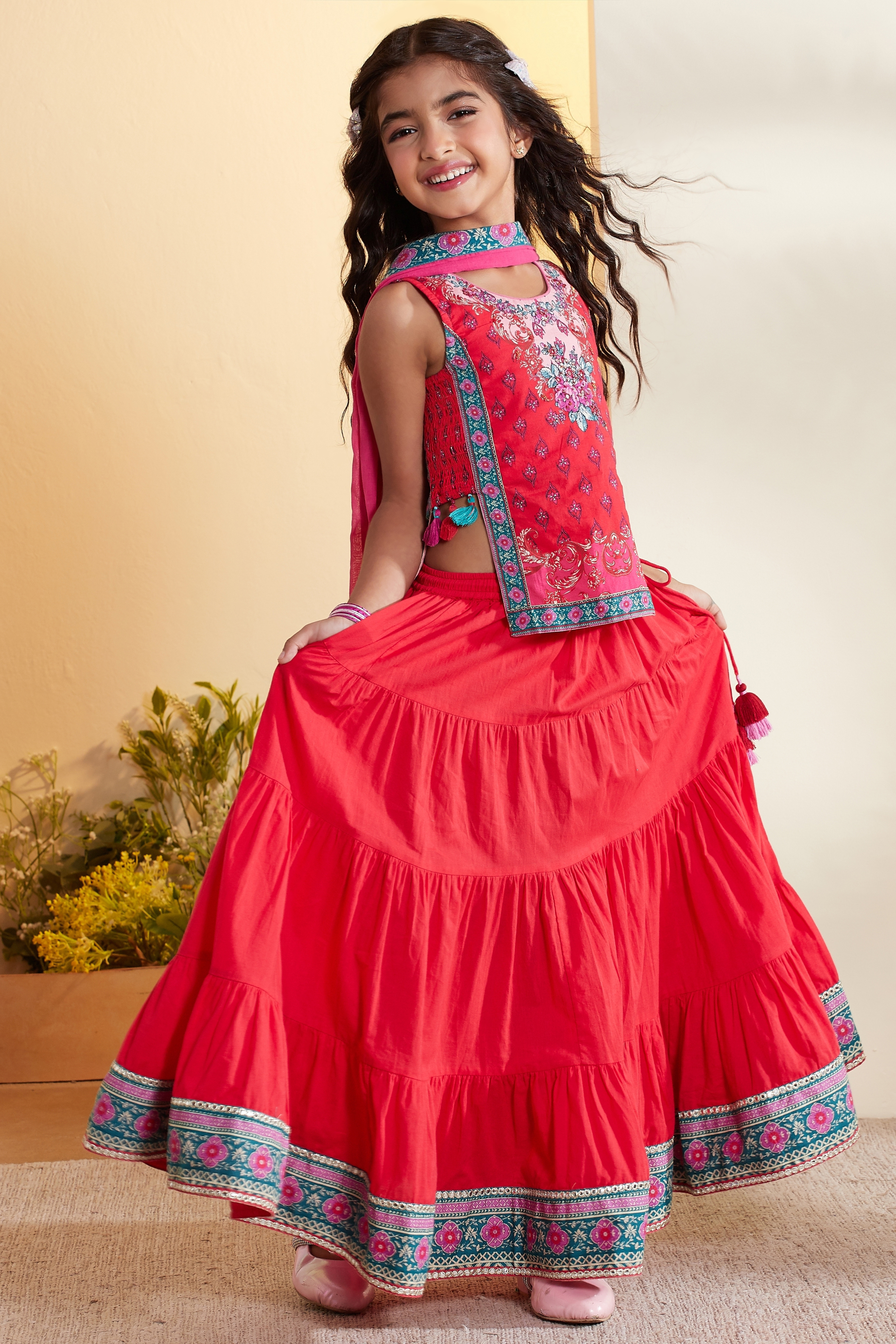 Red Cotton Floral Printed Tiered Lehenga Set image number 4