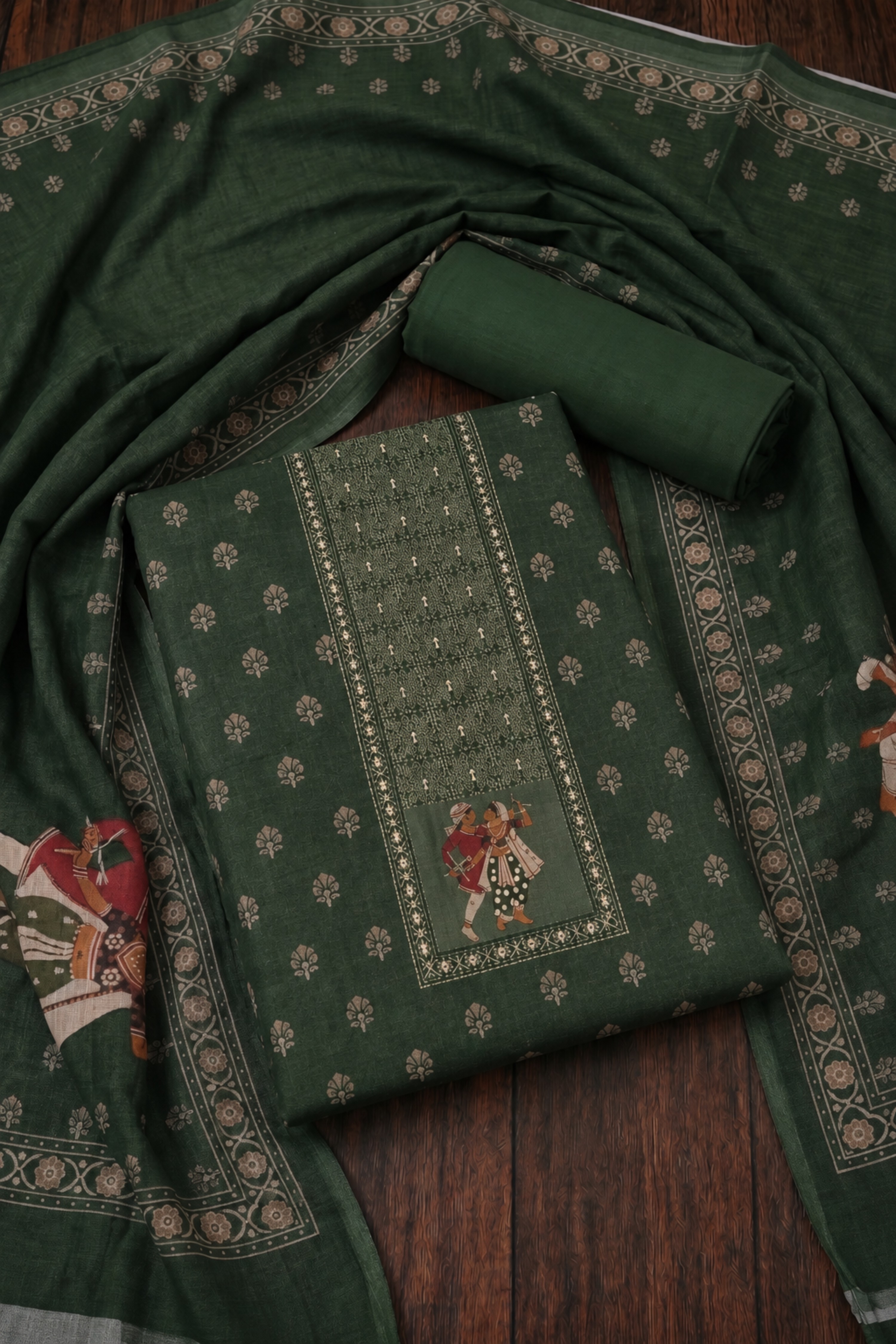 Brown Linen Hand Work With Rajasthani Print Unstitched Suit Set image number 1