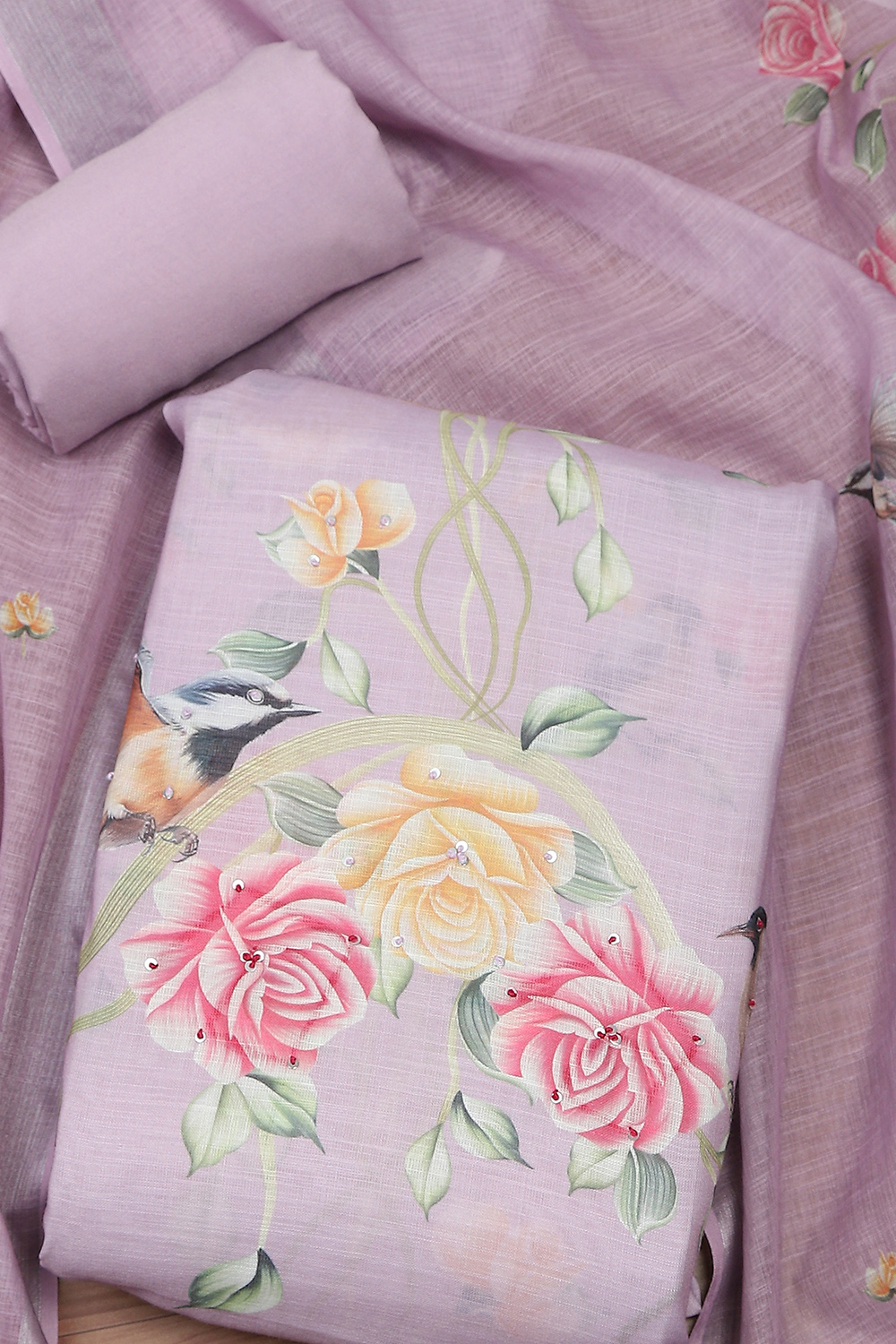 Blue Linen Printed Unstitched Suit Set image number 1