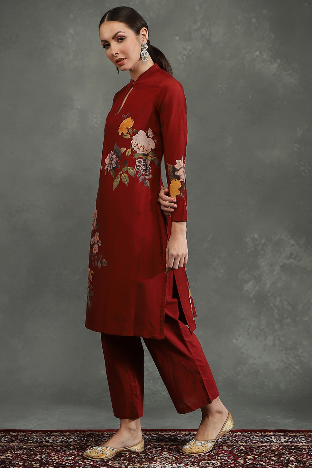 Rohit Bal Maroon Silk Chanderi Floral Printed Straight Kurta Set image number 3