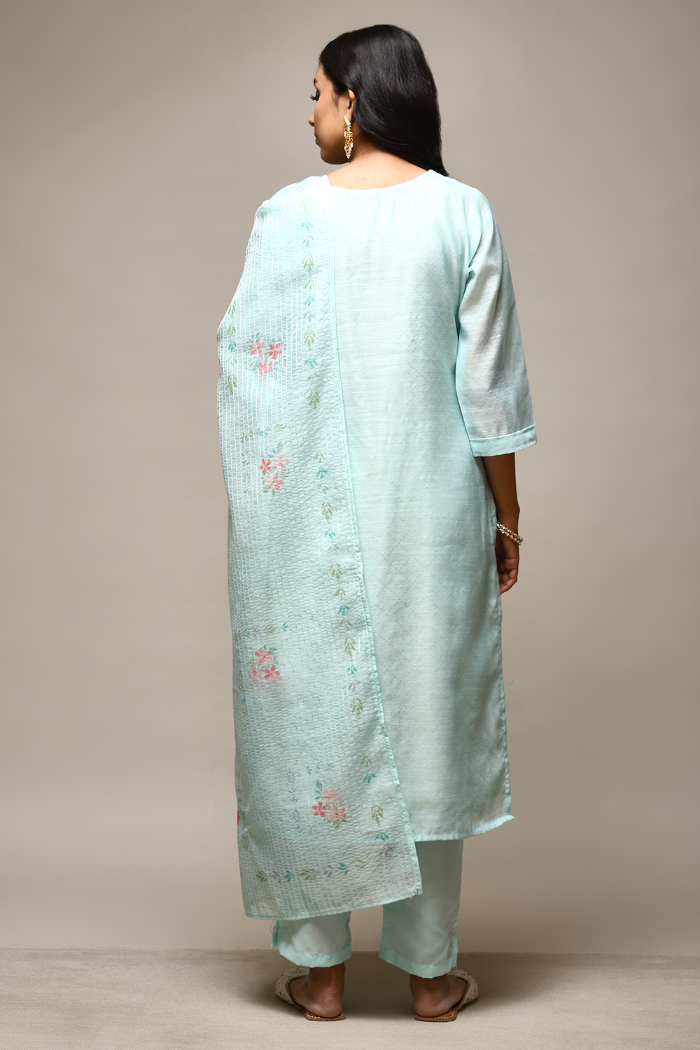 Turquoise Linen Digital Print Unstitched Suit Set image number 5